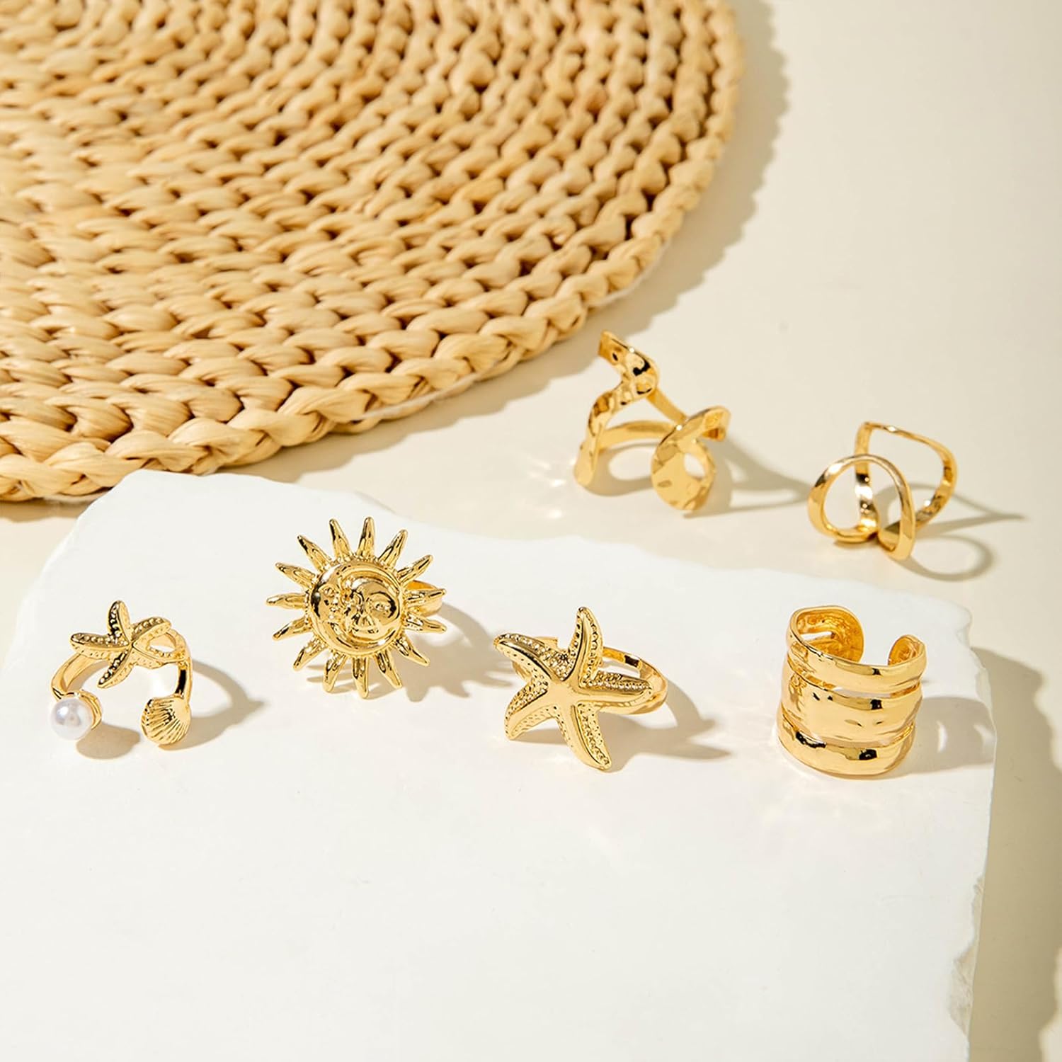 Gold Seashell Starfish Rings 18k Plated Gold Chunky Dainty Set for Women Adjustable Waterproof Hawaii Beach Wave Stackable Rings Beach Rings for Summer Style - Image 8