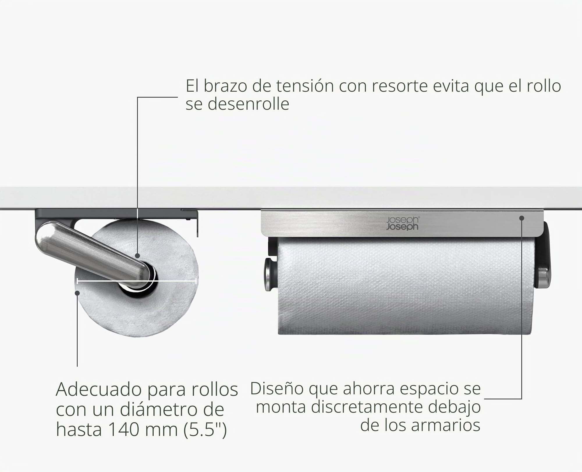 Joseph Joseph RollGrip Portarollos de Cocina bajo Armario, Ahorra Espacio, Brazo de Tensión, Arranca el Papel con una Mano, para Rollos de 140 mm