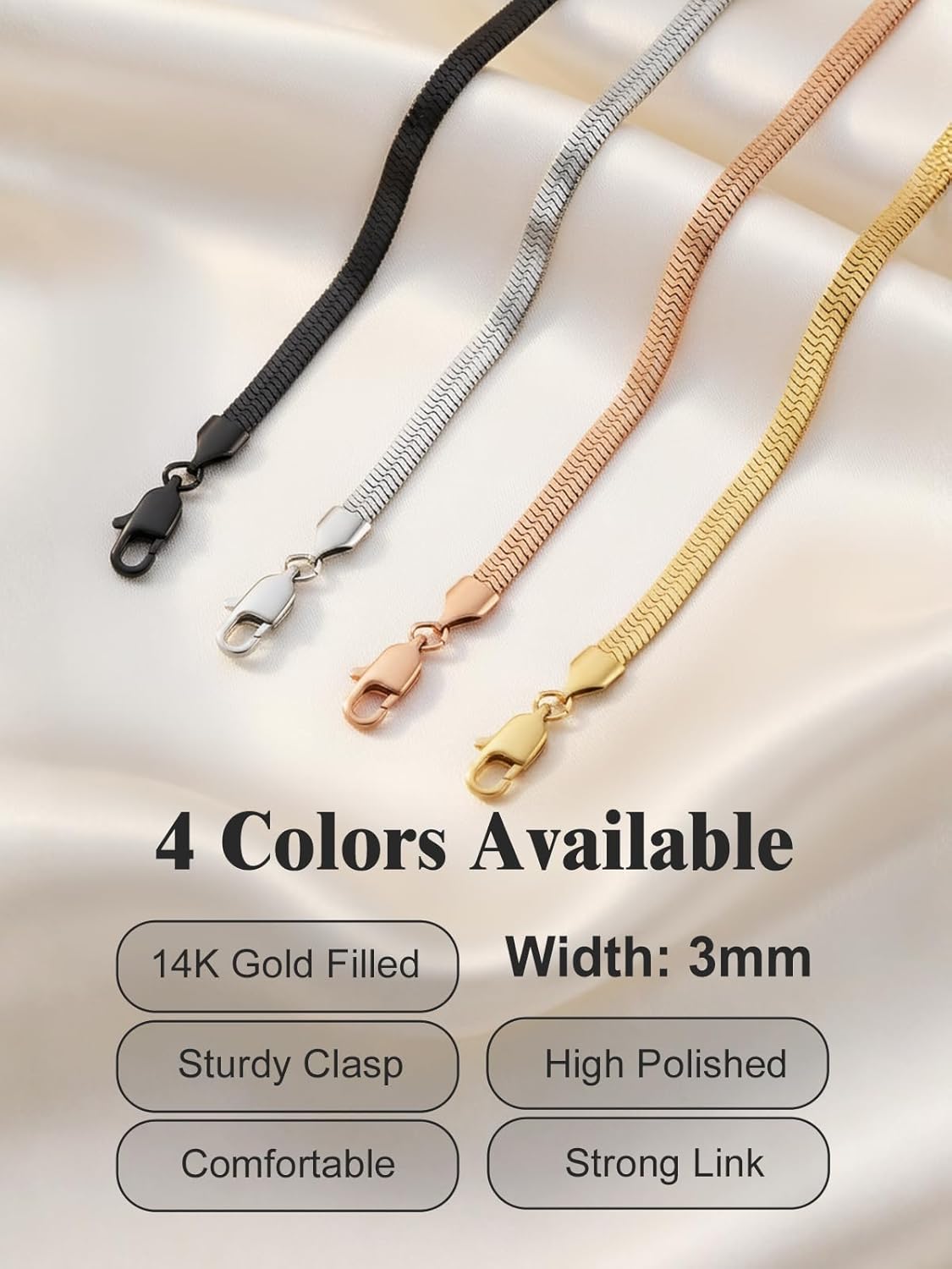 FOCALOOK 14K Gold Plated Necklaces for Women, Fashion Herringbone Choker Necklace Stainless Steel Flat Snake Chain 3/5MM(W) 12.5"/15"/18"+3.5"(L) - Image 6