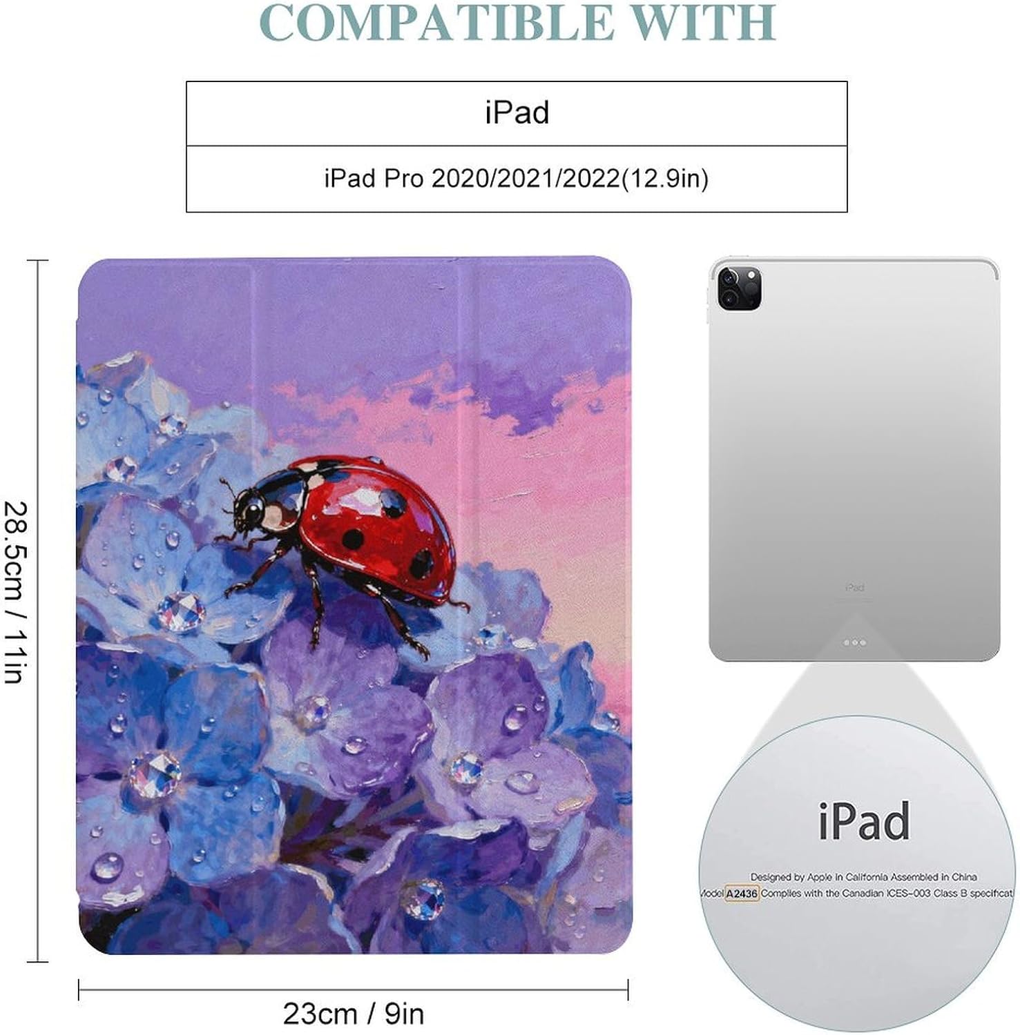 Ladybug on Hydrangea 12.9 in Trifold for iPad Case with Pencil Holder image 2