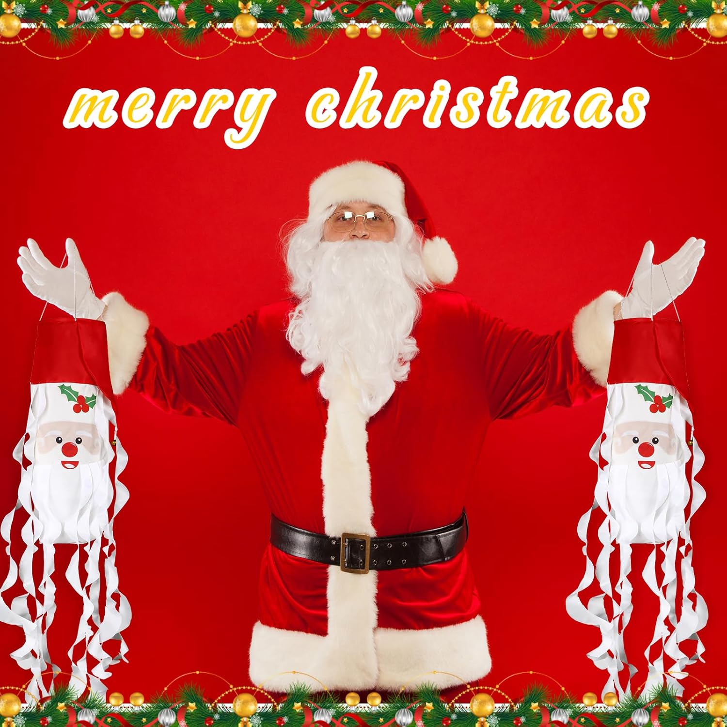 Tiamon 2 Pieces Christmas Windsock Santa Claus 3D Windsocks with Bell Heavy Duty Xmas Windsock Flags for Indoor Outdoor Gardens Yard Patio Lawn Porch Tree Winter Holiday Hanging Decorations, 40 Inch