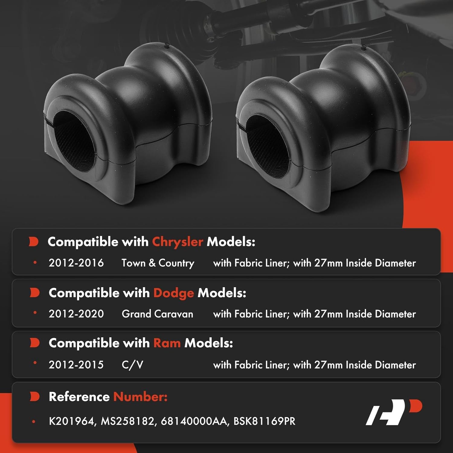 A-Premium 2 x Front To Frame Sway Bar Bushing Kit, Compatible with Dodge Grand Caravan 2012-2020 & Chrysler Town & Country 2012-2016 & Ram C/V 2012-2015