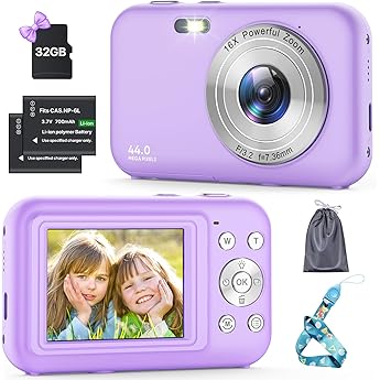 Digital camera camera camera camera with 32GB card 44MP 1080P HD children's camera with 16X digital zoom compact camera Rechargeable camera with 2 battery camera for children teenage beginners purple