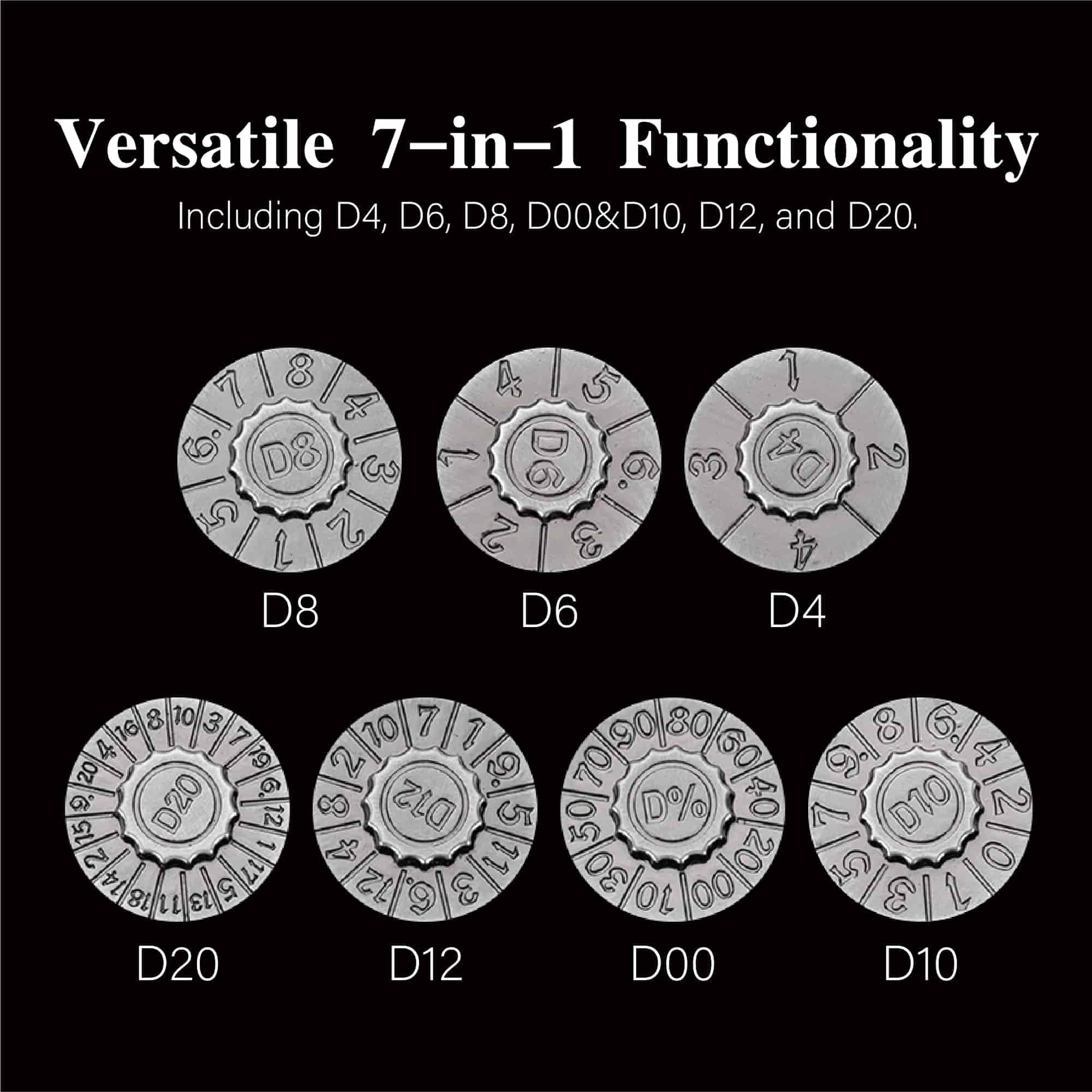 cusdie 7-in-1 Foldable Spinner Metal DND Dice Set including PU Leather Bag, Compact Design with D4, D6, D8, D10, D12, D20 - Image 2
