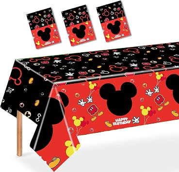 Nyhpar 3PCS Mouse Party Tablecloth, Black Red Plastic Tablecover Disposable Table Cloths Decor for Boys 1st 2nd 3rd Party Decorations Supplies, 86.6 x 51.2in