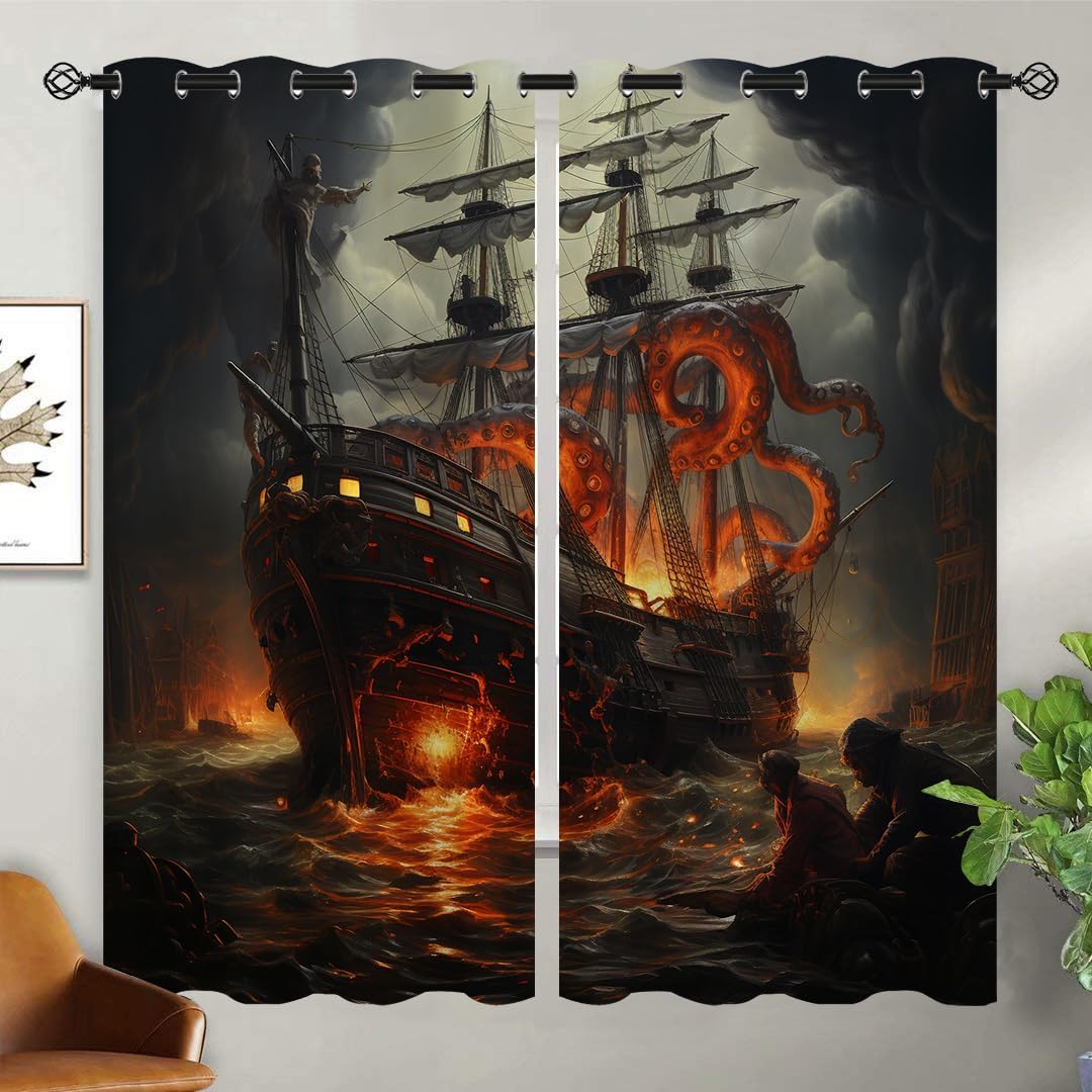 Nautical Octopus Blackout Curtains for Girls Boy Home Decor, Pirate Ocean Kraken Animal Grommet Thermal Insulated Drapes Darkening Window Curtain for Bedroom Living Room, 72 x 63 Inch