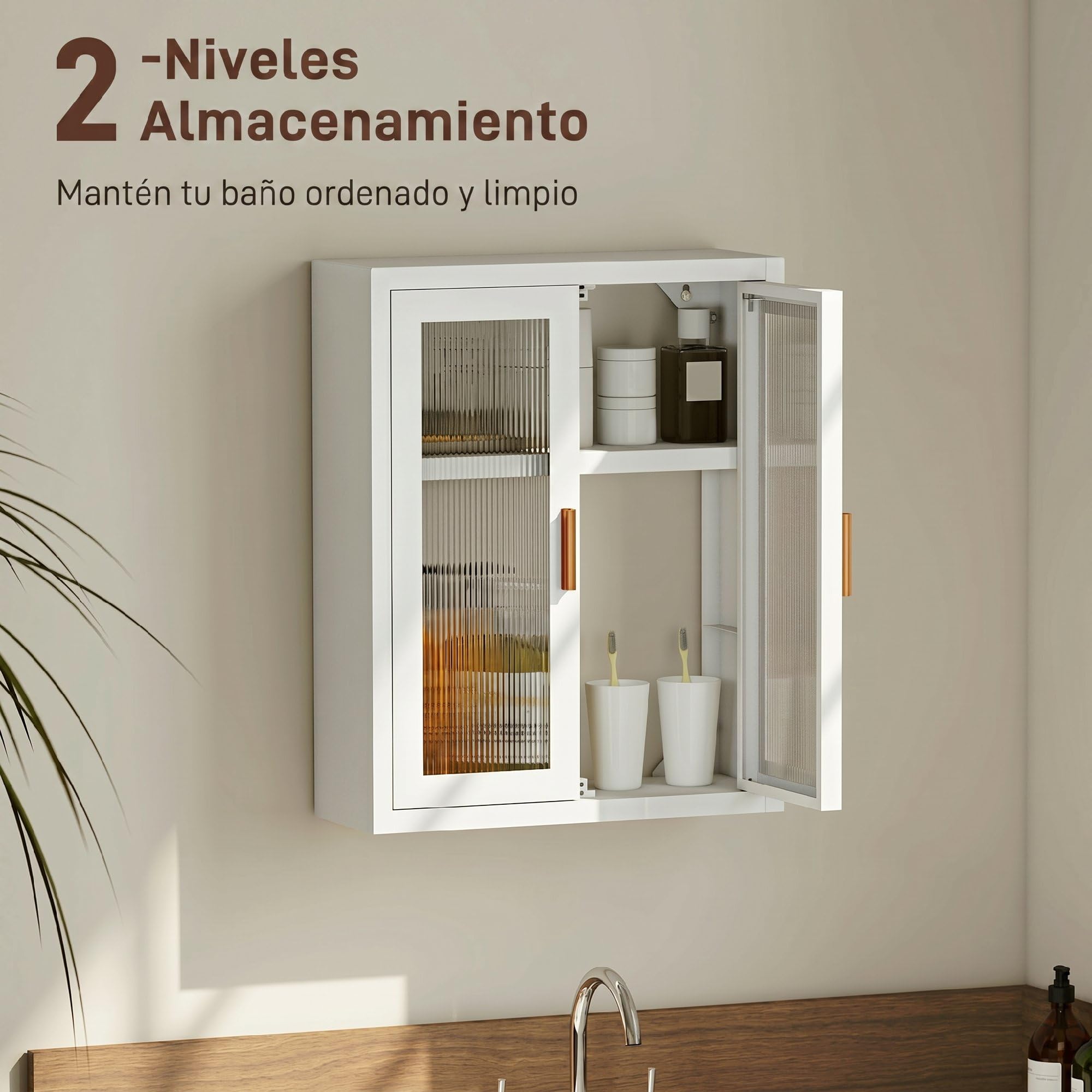 HOMCOM Armario de Baño de Pared Moderno con Puertas de Acrílico Blanco | Mueble de Baño Colgante, Estante Ajustable, Cierres Magnéticos, Armario de Almacenamiento, Lavadero, sobre Inodoro