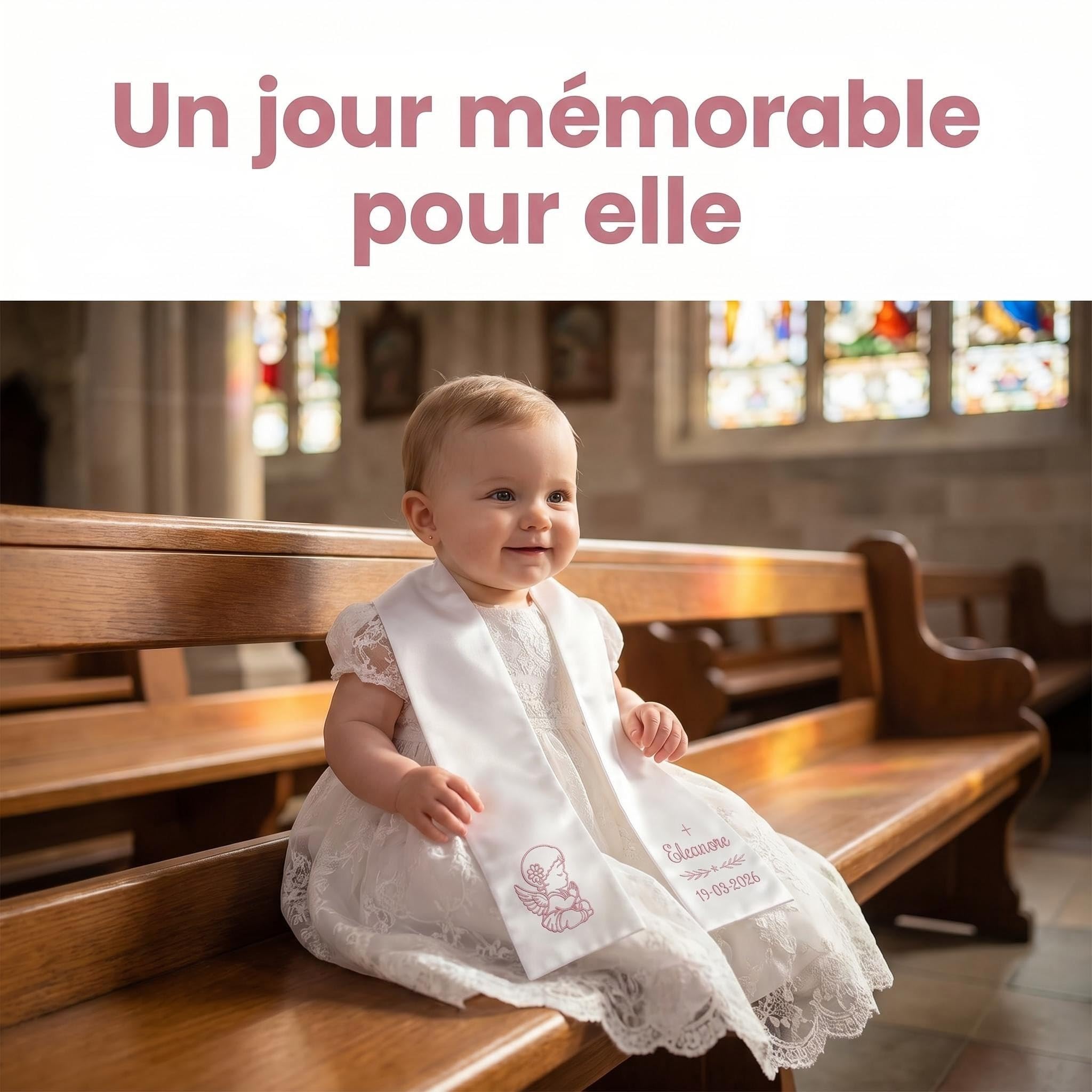 XIAOMA Écharpe de Baptême Personnalisée Enfant, Écharpe Communion Brodée Prénom et Date, Écharpe Blanche Satin Ange ou Croix, Cadeau Baptême Fille Garçon avec Coffret Cadeau, Personnalisation 48h