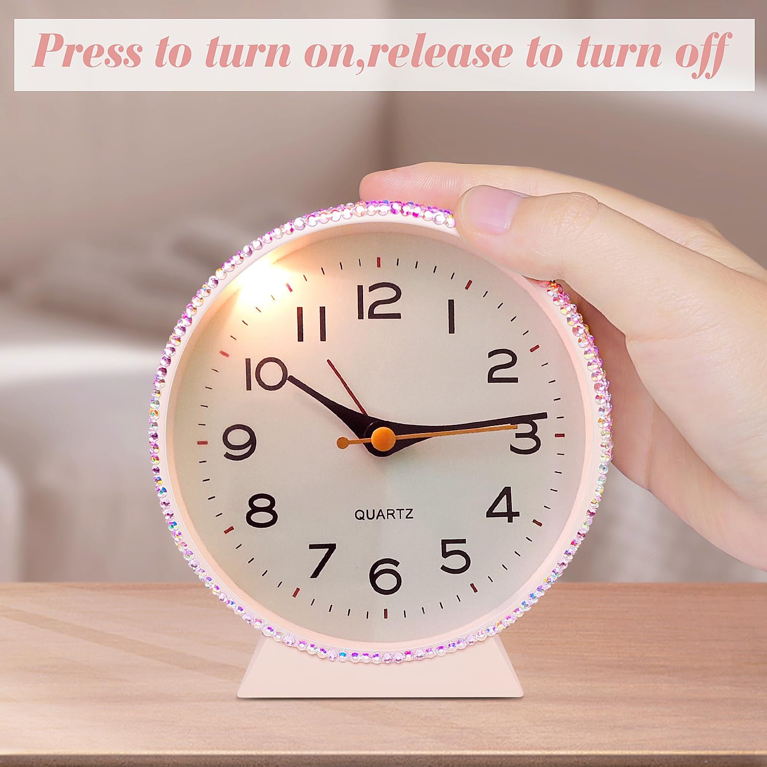Shiny 4.5" Analog Alarm Clock，Bling Small Silent Retro Desk Clock，Metal Glitter Clock Table Decor for Living Room, Bedroom, Bedside, Shelf (Pink)
