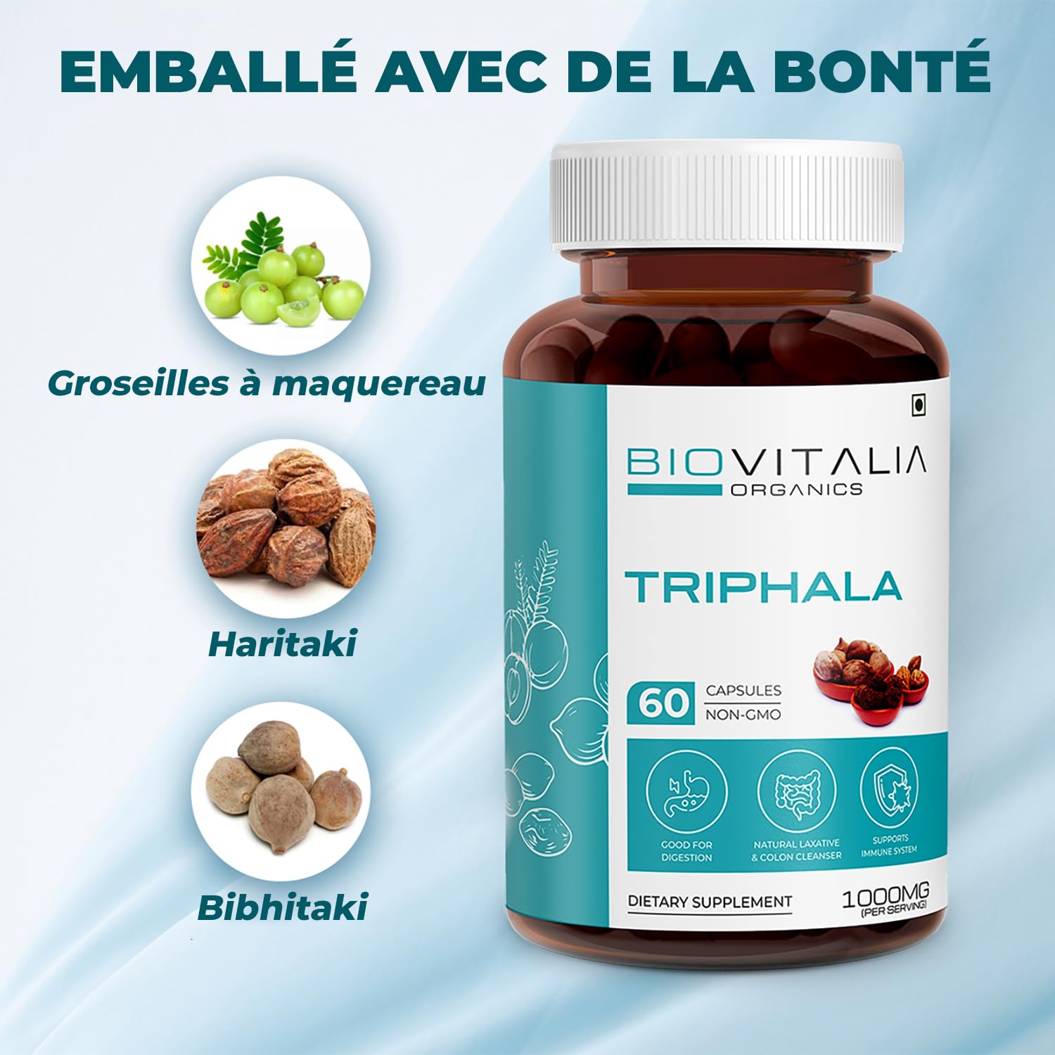 Complément alimentaire Triphala 1000 mg | Favorise la digestion | Soutient le système immunitaire | 60 capsules végétaliennes | Paquet de 1