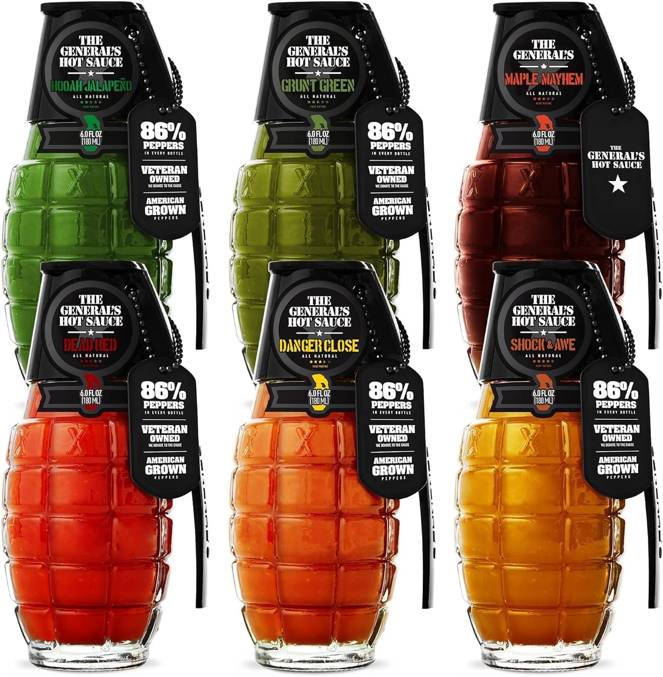 The General’s Hot Sauce Super 6 Hot Sauce Gift Set Variety with 5 Habanero, Cayenne or Jalapeño Pepper Hot Sauces & 1 Hot Maple Syrup - All-Natural, American Grown, Veteran-Owned, 6-Pack (6oz Bottles)
