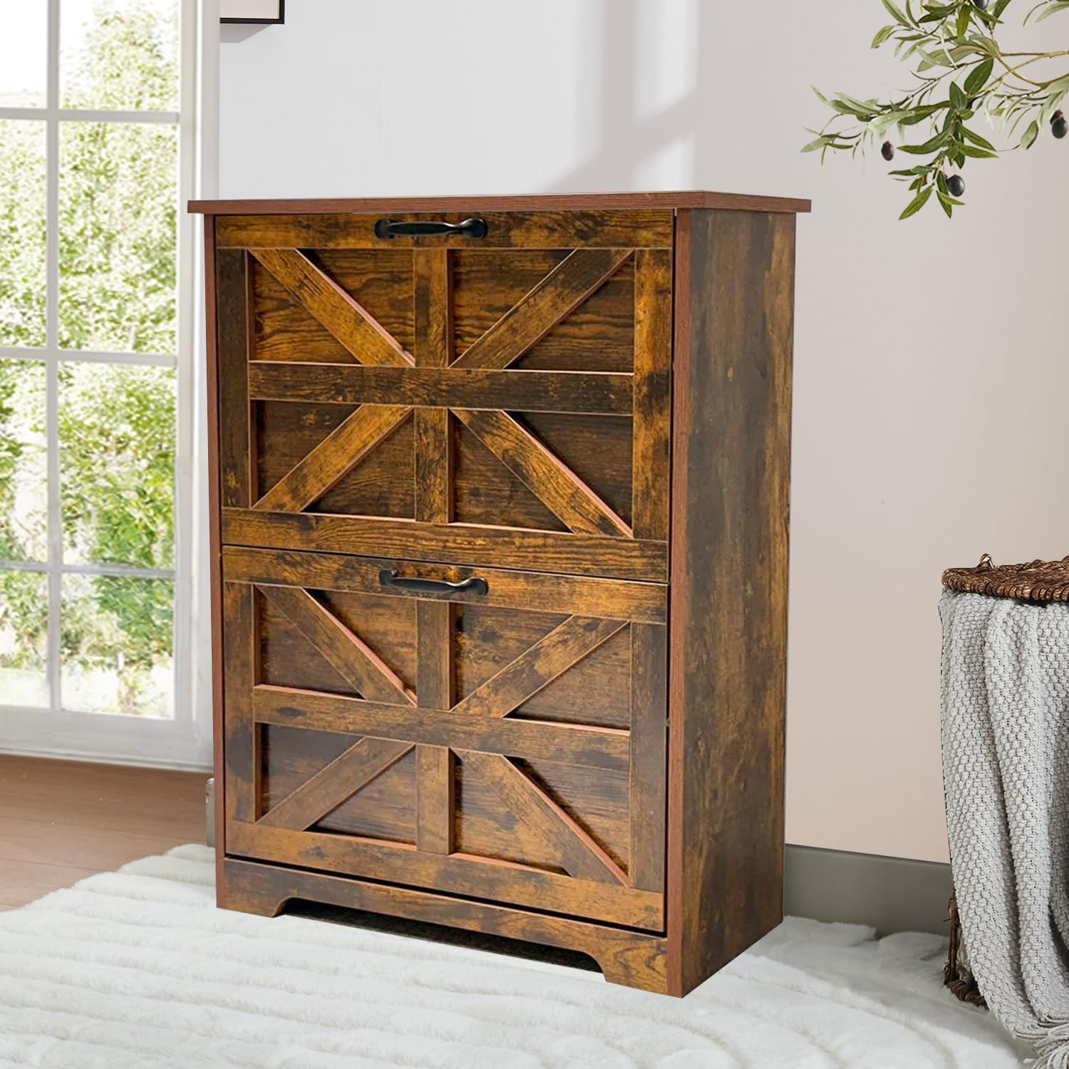 Farmhouse Narrow Shoe Storage Cabinet, Space-Saving Freestanding Shoe Rack Cabinet with 2 Flip-Up Drawers, Hidden Entryway Organizer for Foyer & Hallway, Brown