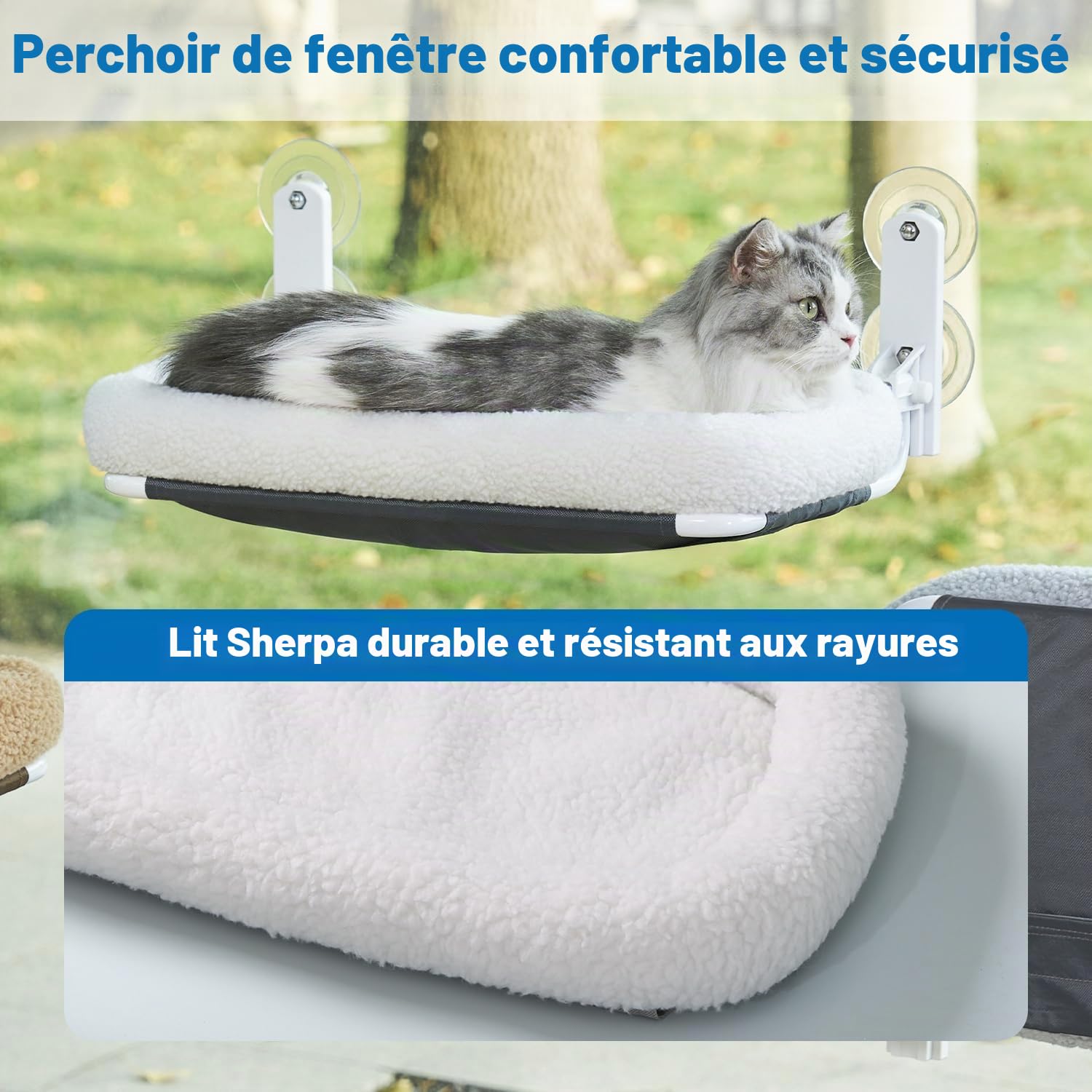 Zakkart Hamac Pliable pour fenêtre – sans Fil, Lavable en Machine, Cadre en métal Robuste et Supports ABS – Perchoir de fenêtre pour Chats et Chatons de Grande Taille (traversin Blanc, Taille L)