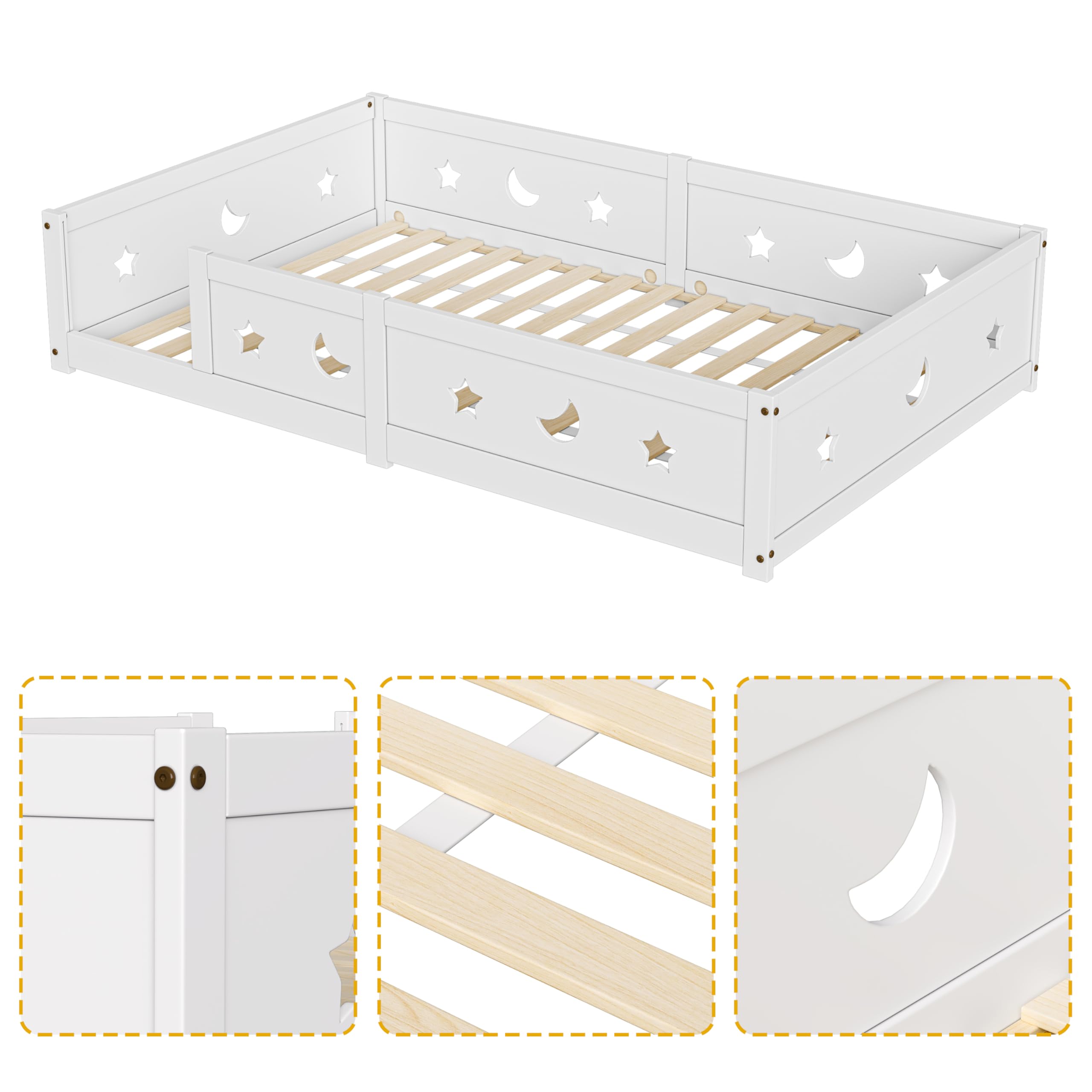 Bodenbett 90x200 cm, bis 300 kg belastbar,Montessori Kinderbett aus Kiefer Massivholz mit Rausfallschutz,Kids Bed 90x200 mit Sternen und Mond,Weiß
