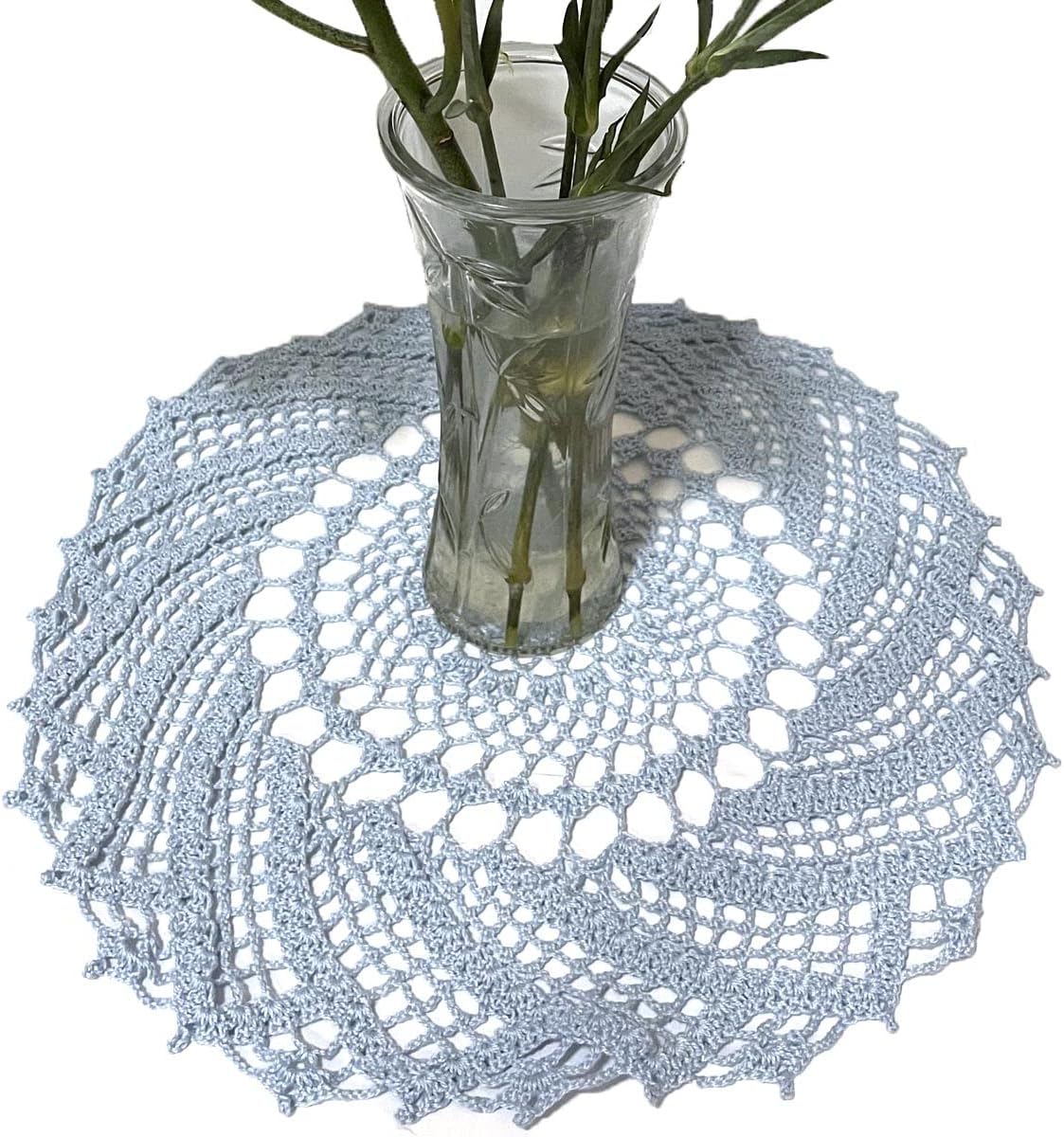 BIBITIME 16 inch Crochet Knitted Table Doilies Lace Doily Handmade Placemats Kitchen Cup Mug Mats (4PCS,Light Blue)