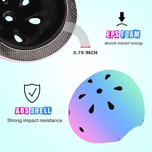 Miniatura 5 de Casco de bicicleta ajustable de color degradado con rodilleras y coderas, casco de patineta para niños pequeños y niñas de 3 a 14 años  Ideal para