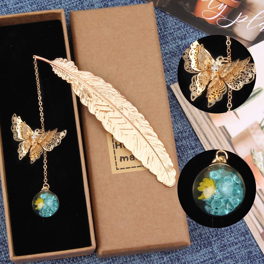Marcapáginas de Plumas de Metal con Mariposa 3D y Perlas de Vidrio