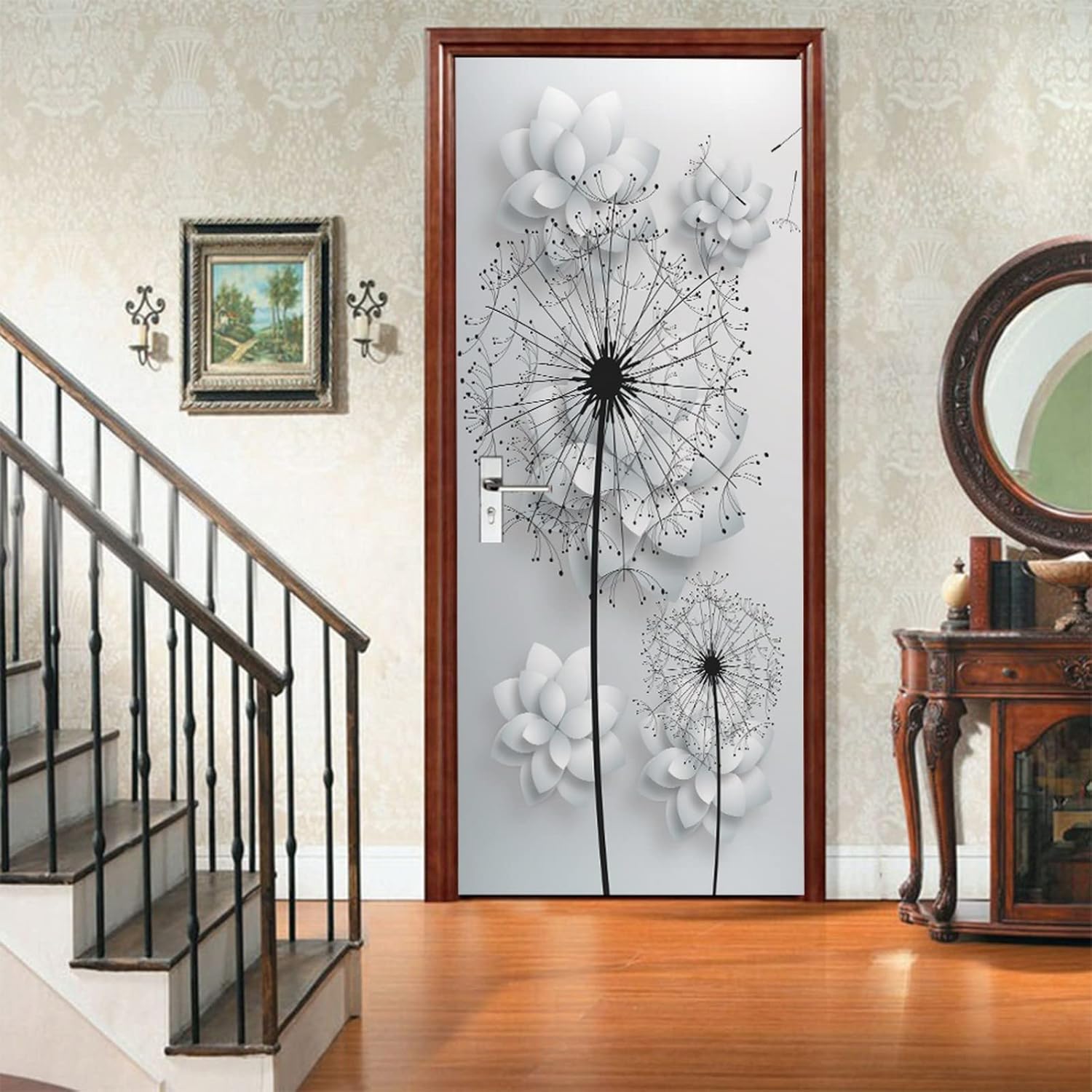 A.Monamour 3D Door Stickers for Interior Doors Black Dandelions and White Flowers Modern Abstract Background Vinyl Removable Self Adhesive Door Poster Wallpaper Mural Decals for Bedroom 95x215cm