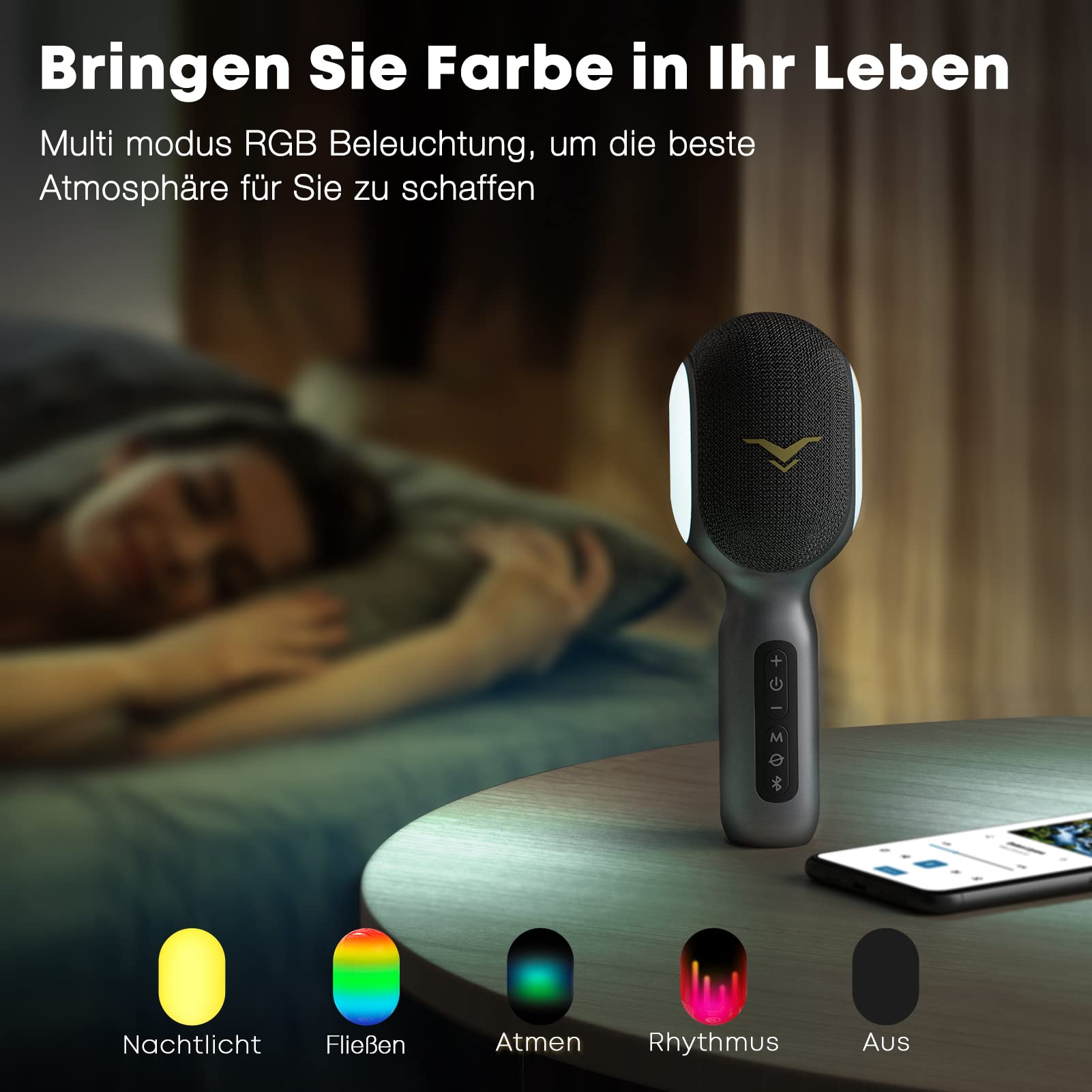 StageSound Karaoke Mikrofon mit Bluetooth, Handmikrofon mit Vocal-Cancel Funktion, HD-Sound & LED-Lichteffekte, Aufnahmefunktion, FM/AUX Verbindung, 4 Stimm-Modi, für Erwachsene & Kinder