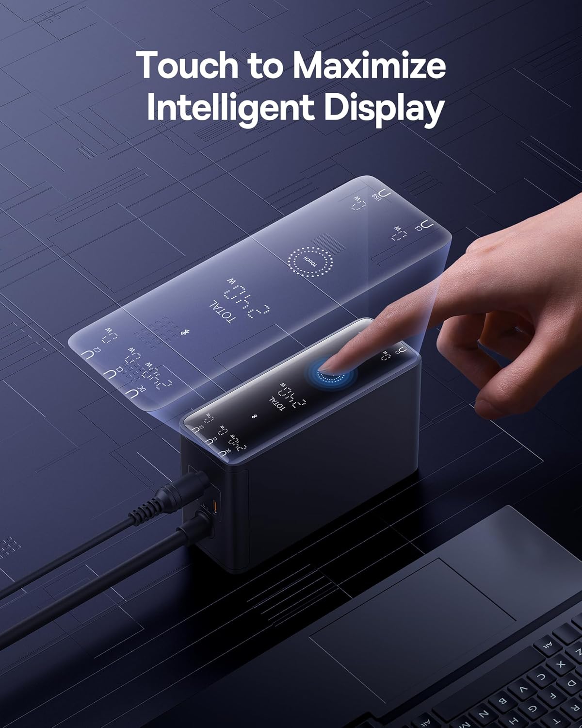 Hand touching the intelligent display of the Baseus charger
