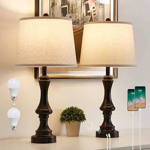 Miniatura 10 de Juego de 2 lámparas de mesa vintage de granja de 28.7 pulgadas con puertos de carga USB Daul QC3.0, lámpara táctil regulable de 3 vías para mesa