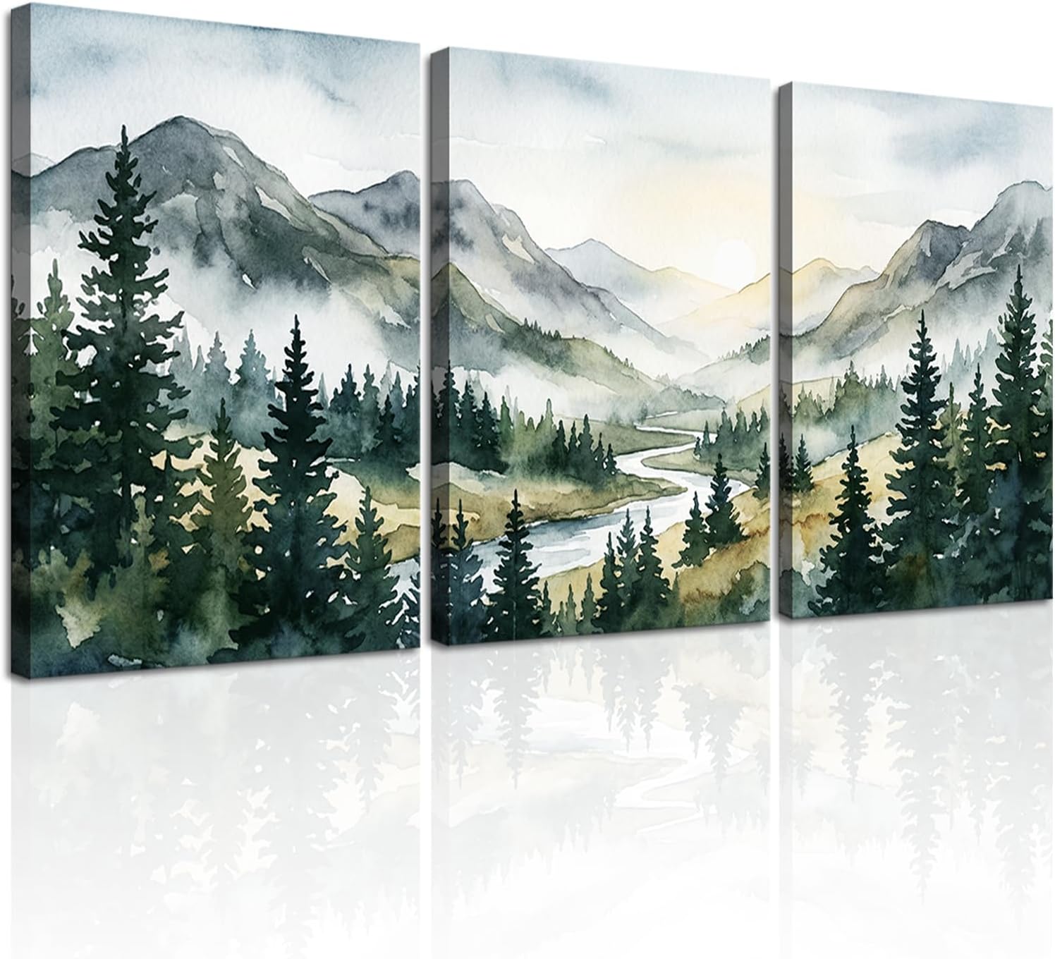 Forest Canvas Wall Art for Bedroom Living Room Home Decor - 3 Piece Greenery Mountain Landscape Pictures, Nature Wall Decor for Master Bedroom Dining Room, Green Abstract Trees Painting Prints, Gallery Wrapped 12x16