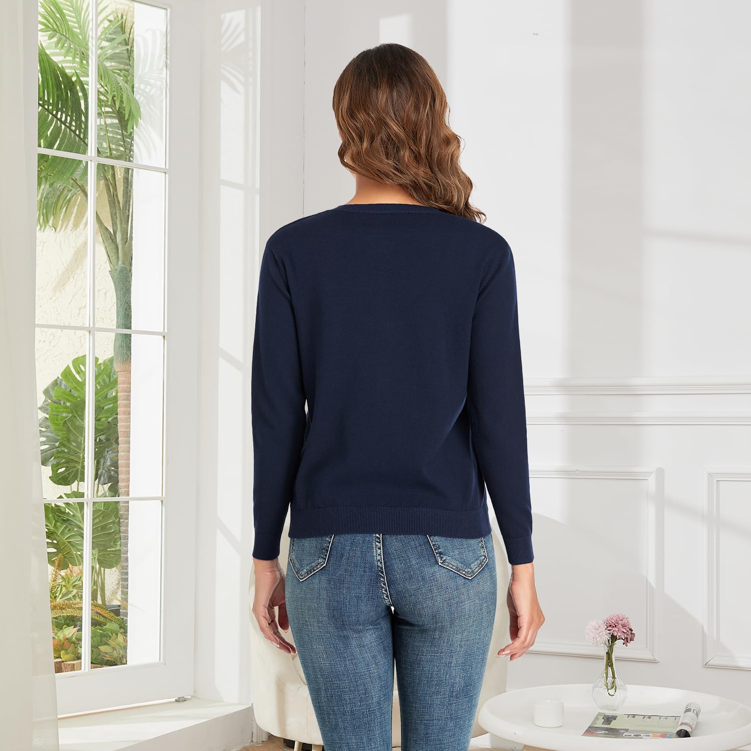 CUNYI Cardigan Donna Maglia con Bottoni Girocollo Classico Manica Lunga Giacca Cappotto Elegante, Blu Navy M
