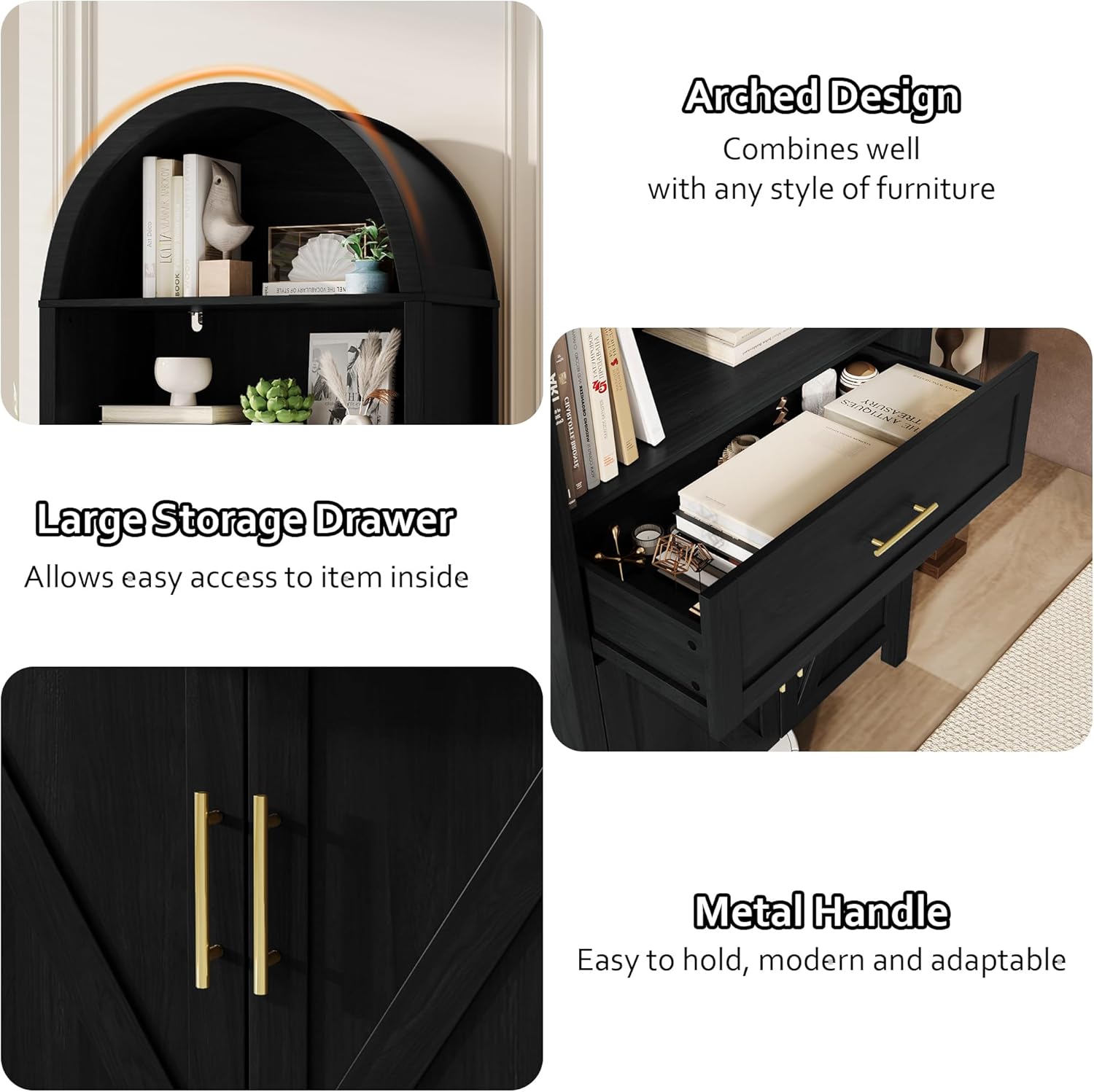 Rophefx 70.8" 5-Tier Arched Bookshelf with Doors and Shelves, Tall Arched Bookcase Cabinet with Drawer, Wooden Kitchen Pantry Storage Cabinet for Living Room Kitchen Office Home, Black