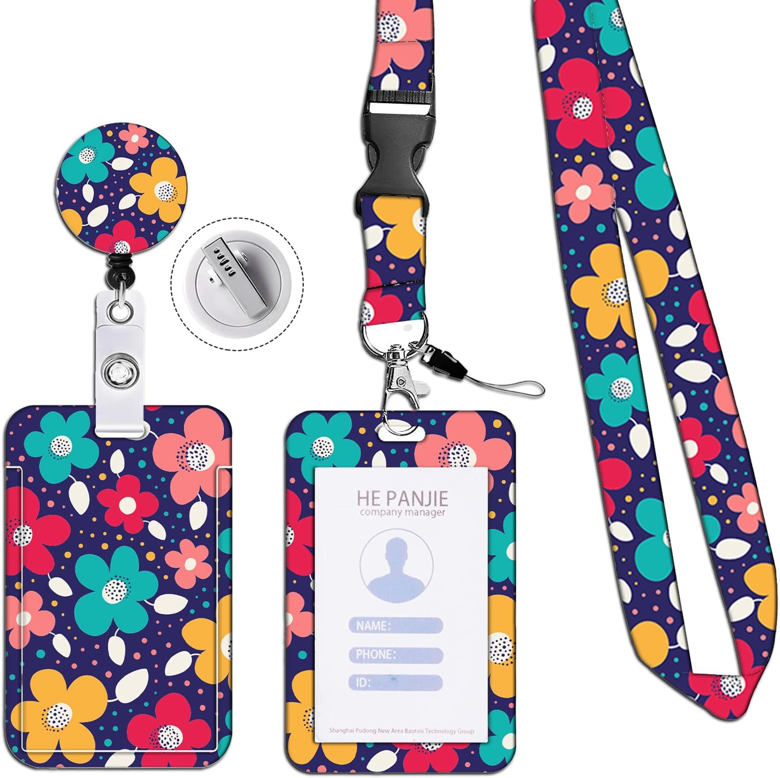 Retractable Lanyard with ID Card Holder Badge Reel & Detachable Buckle, for Ships Key Cards, Cruise Essentials, Soft Durable, Personalised Neck Strap for Women Nurse Teacher, Stylish Floral Print