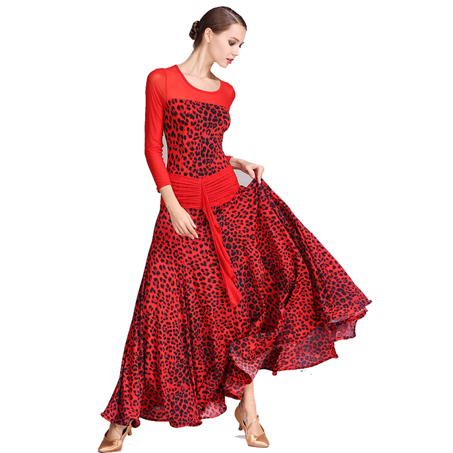 Disfraces De Actuación De Vals Estampados para Mujer Vestidos Entrenamiento Baile Flamenco Malla Manga Larga Ropa De Baile Plisada Tango Foxtrot De Cuello Redondo
