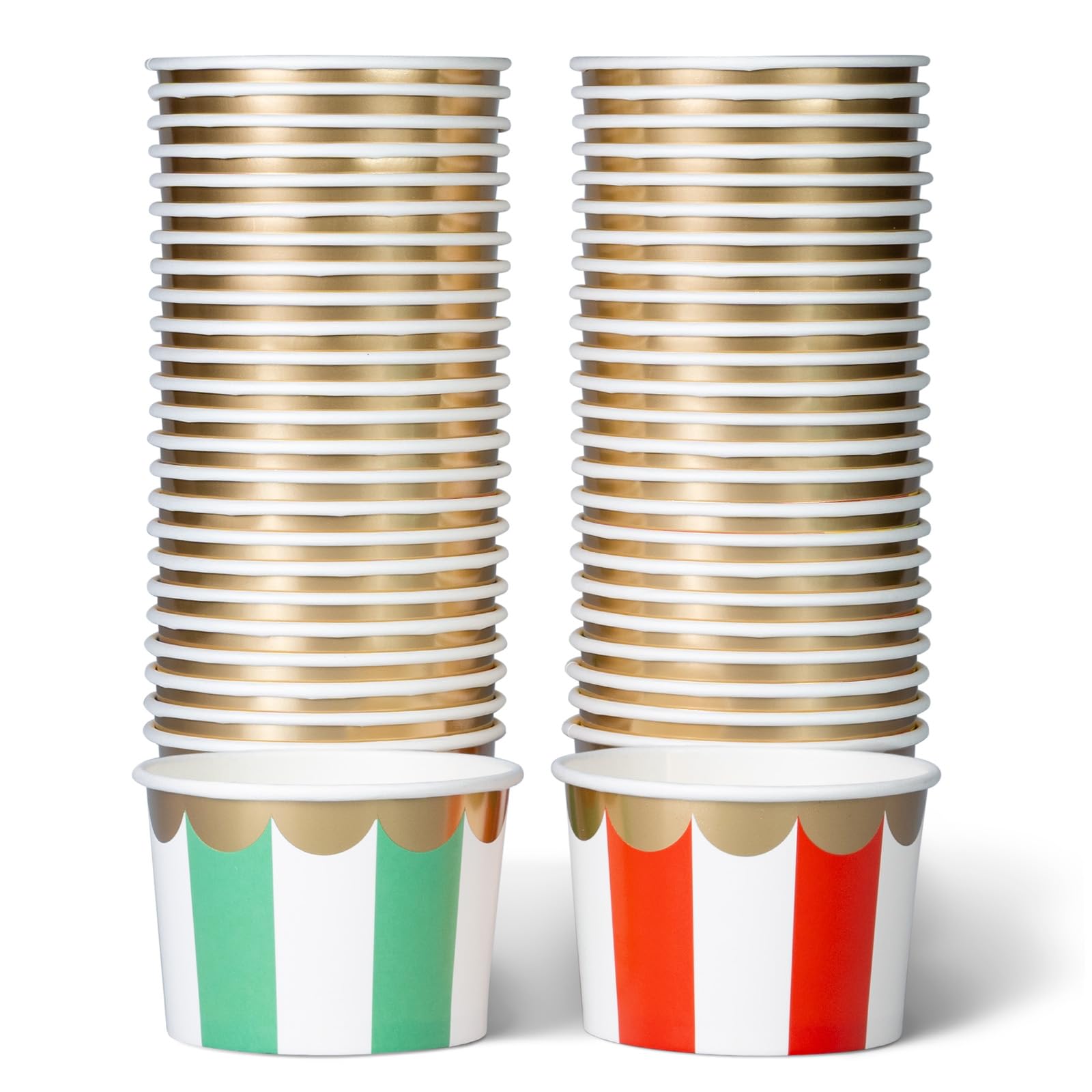 Paper Ice Cream Cups, 50-Pack 250ml Disposable Dessert Bowls for Hot or Cold Food, 250ml Christmas Party Supplies Treat Cups, Red and Green Stripes, Scalloped Gold Foil
