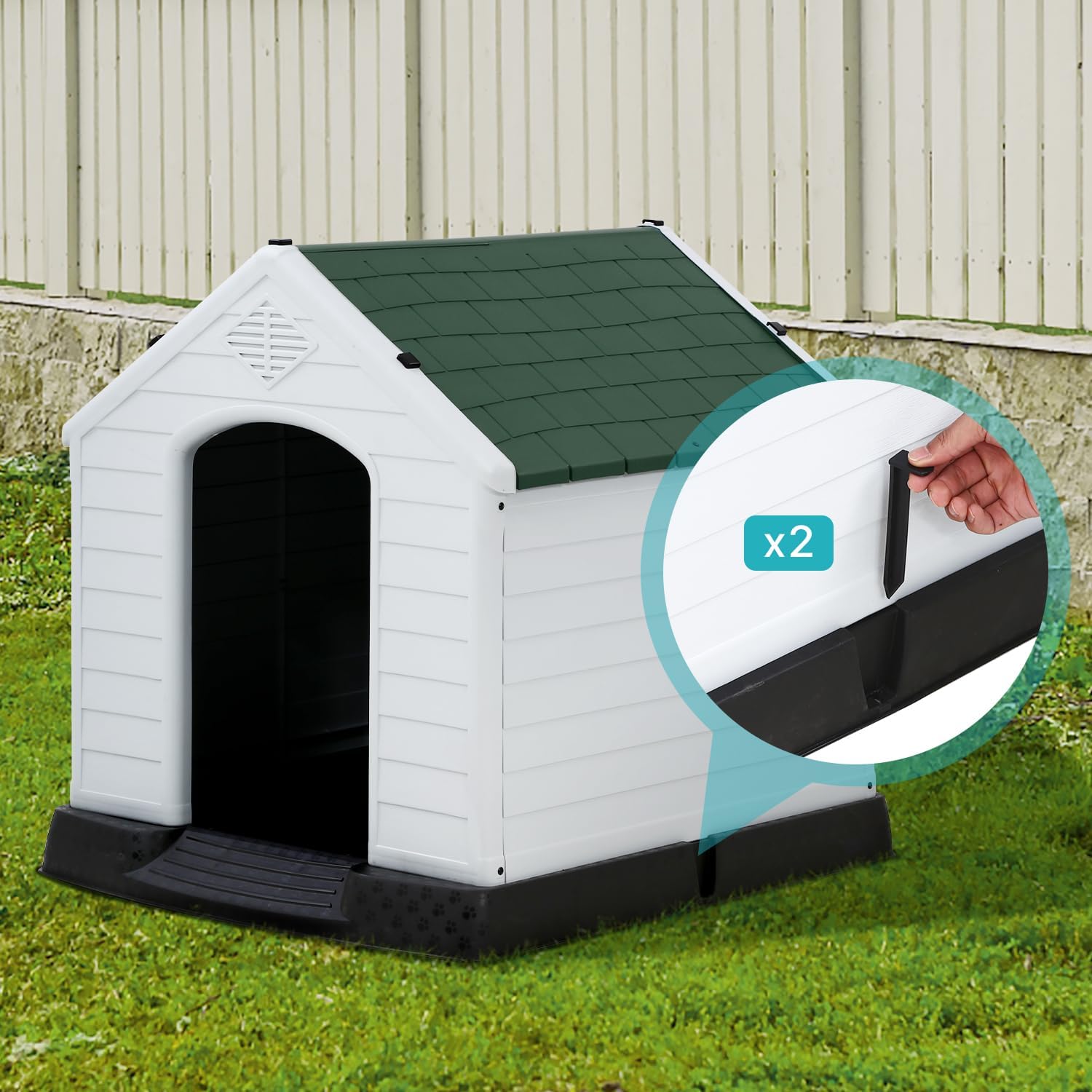 Plastic Outdoor Indoor Dog House for Medium Dog, Insulated Water-Proof Dog Kennel with Air Vents Elevated Floor, Durable,Easy Assemble and Clean (Green, 27''L*25''W*28''H)