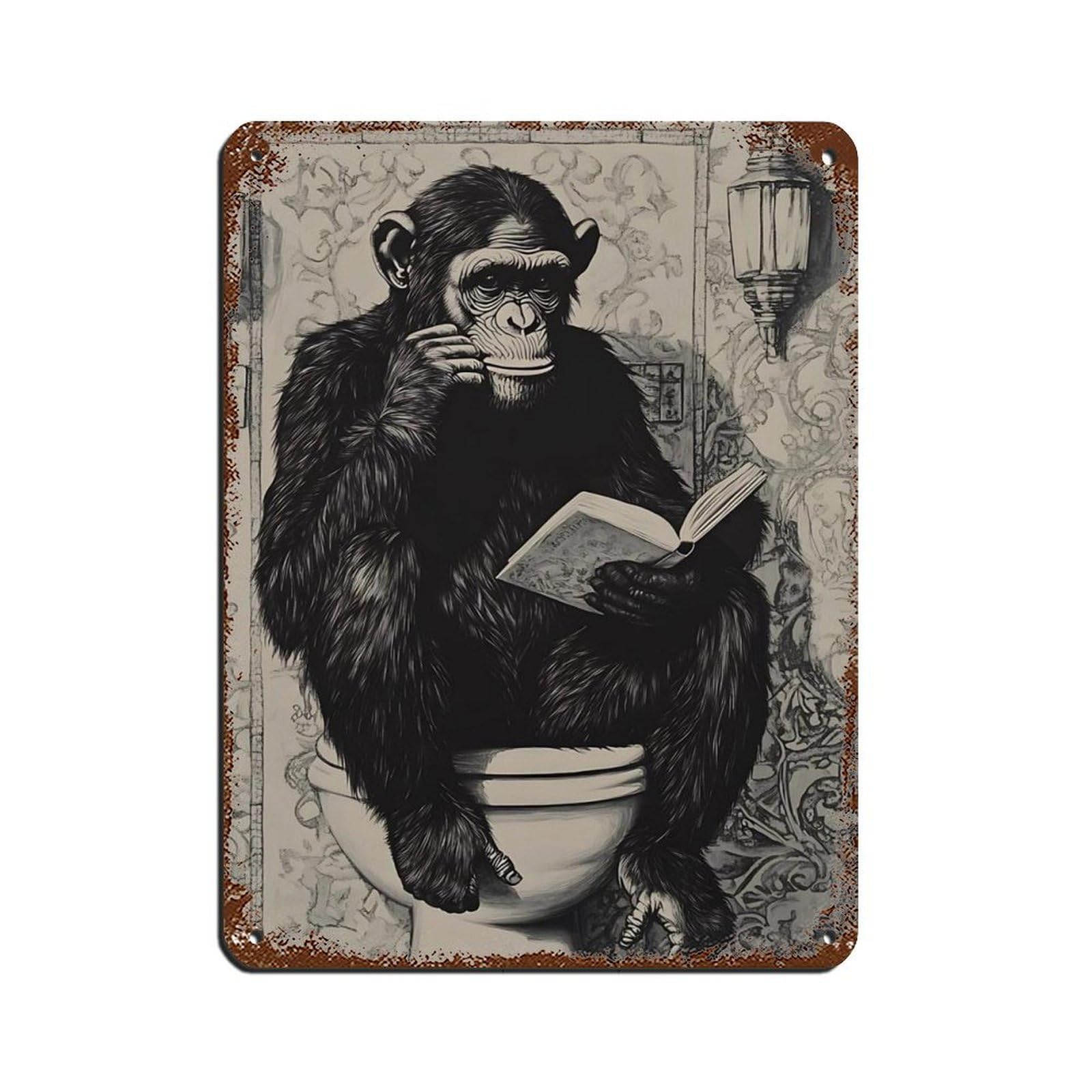 Lxwnze 30L X 40W Cm Monkey Reading Book On Toilet Tin Sign Vintage Metal Pub Club Cafe Bar Home Wall Art Decoration Poster Retro 12X16inch(30X40cm)