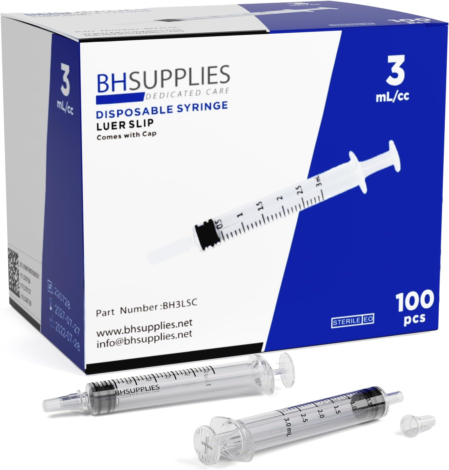 BH Supplies 3ml Luer Slip Tip Syringe with Caps (No