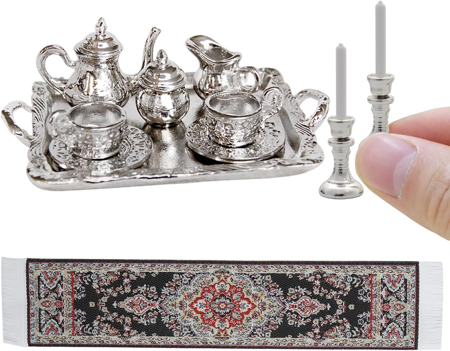 iLAND Miniature Tea Set 1/12 Scale Accessories Metal Tea Set Mini Cups Teapots Trays Plate w/Candle Holder & Table Runner fits Vintage Dollhouse Furniture Miniature Dollhouse Accessories Shining