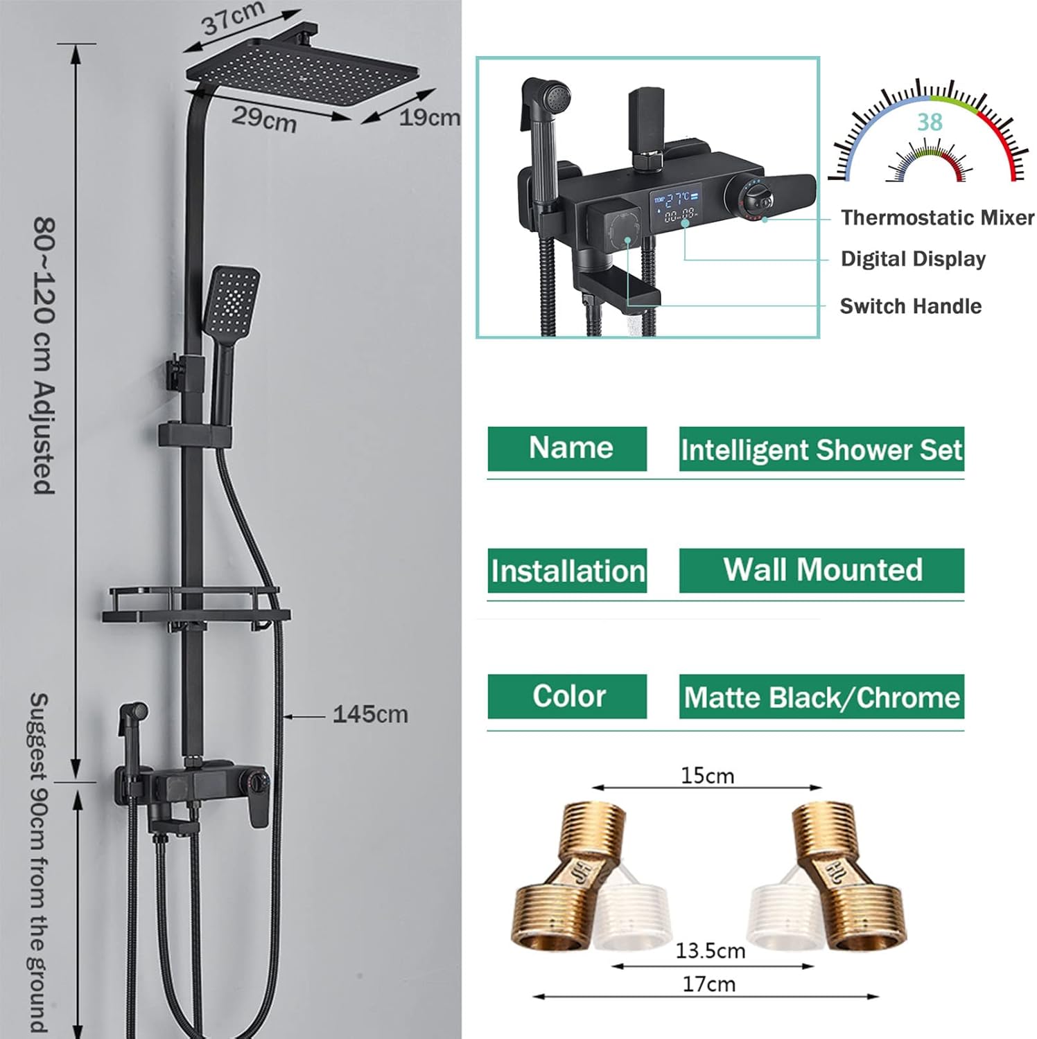 Thermostatic Shower Black, Temperature Display Shower Faucet Set, Wall Mounted Bathtub Shower Faucet 4 Functions, Rainfall Shower Head, Bidet Shower, Hand Shower, Tub Spout