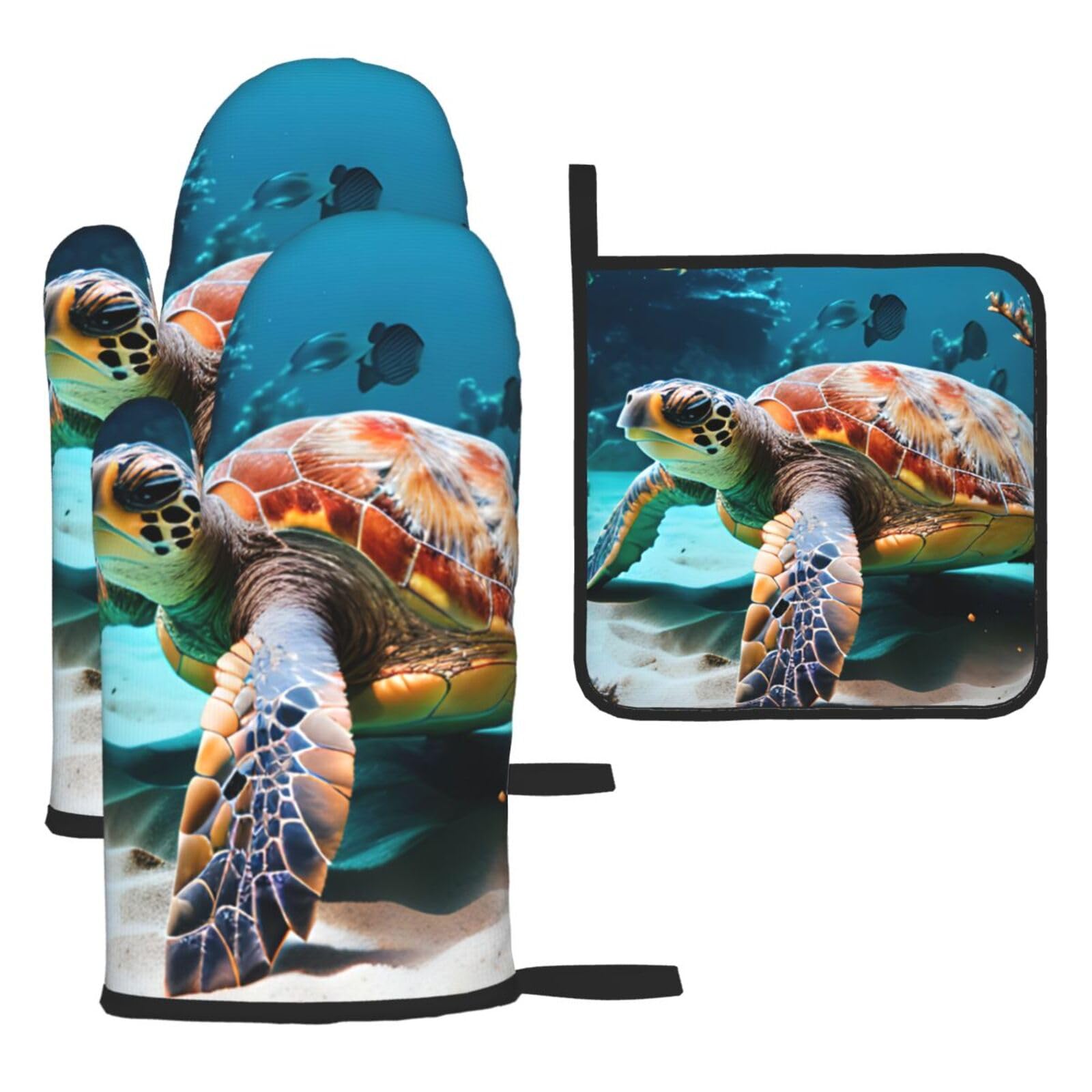 Sea Turtle Print Oven Mitts Kitchen Gloves Set Everyday Baking Grilling Microwaving Cooking Gift