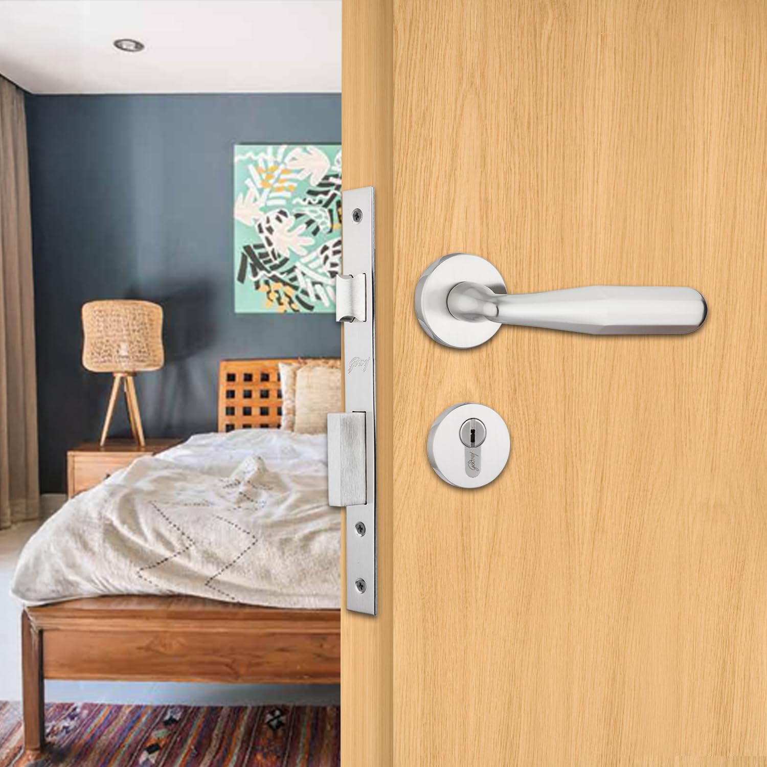 Godrej Mortise Lock|Handle Lock Set for Door|HDH 18 Rossette Home Decor Handle Satin Steel Finish | 238mm (23.8cm) Lockbody|Ulturo 60 mm 1CK Cylinder- Knob from Inside and with 3 Keys| 5 Yrs Warranty