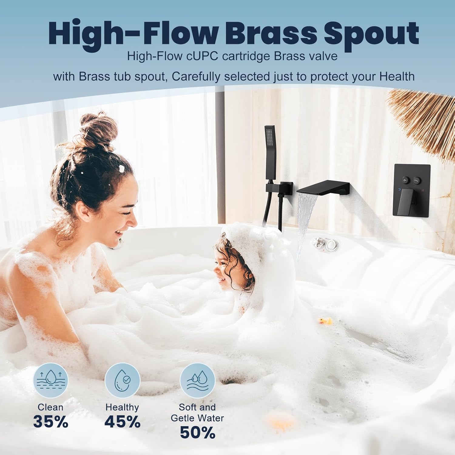 Wall Mount Waterfall Bathtub Faucet,High Flow Bath Tub Faucet Set with Hand Shower, Modern Tub Filler with Dual Control Push-Button Diverter Solid Brass Pressure Balance Valve,Matte Black