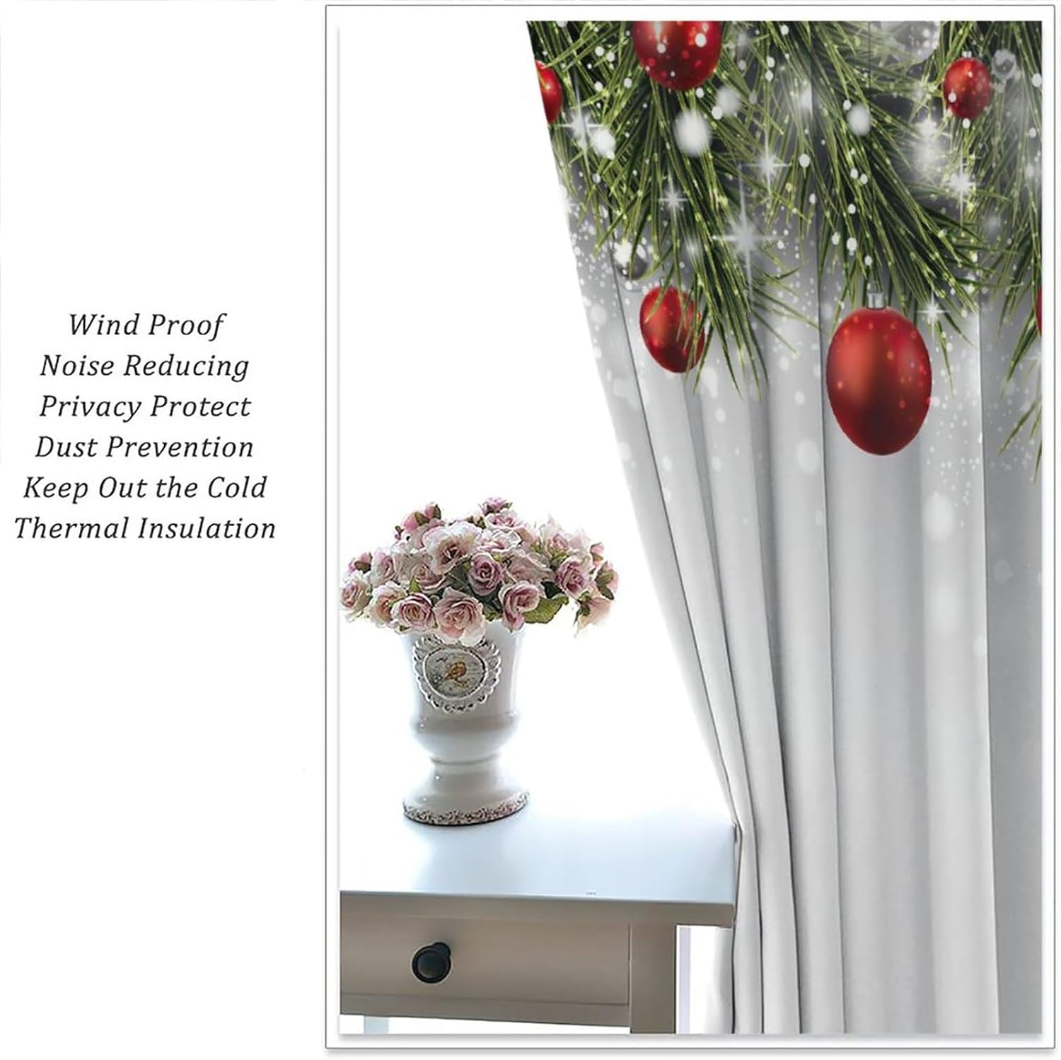 Christmas Blackout Curtains, Christmas Winter Holiday Theme Fir Branches and Vibrant Balls Snowflake Home Decor, Bedroom Living Room Curtains42X45 Inch