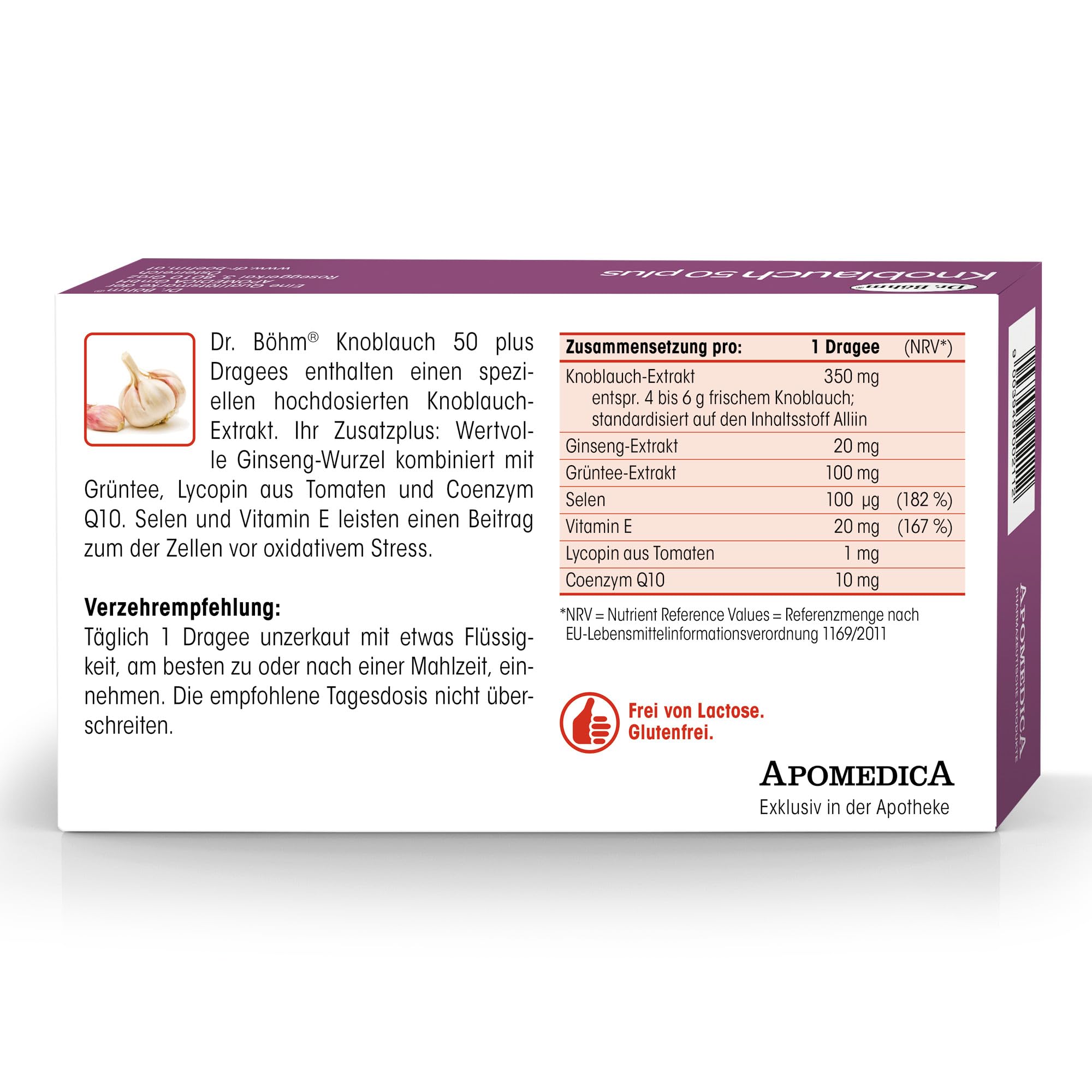 Dr. Böhm Knoblauch 50 plus: Für Herz, Gefäße und Cholesterinspiegel, mit Knoblauch-Extrakt, Ginseng, Coenzym Q10, Vitamin E und Selen, 30 Dragees