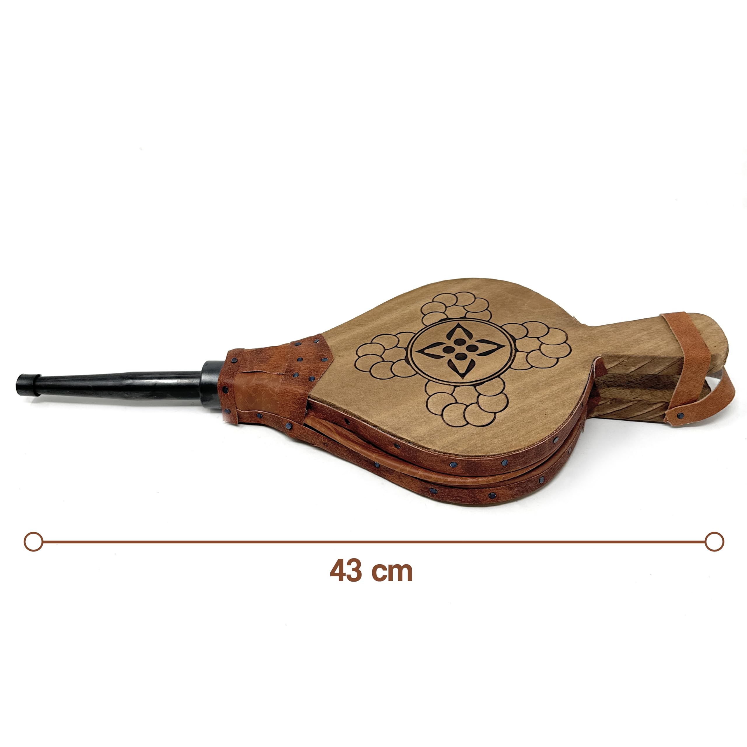 MGE - Fuelle Chimenea de Madera Natural 43 cm, con Boquilla Metálica para Avivar Brasas, Soplador para Barbacoa y Estufa de Leña, Diseño Tradicional