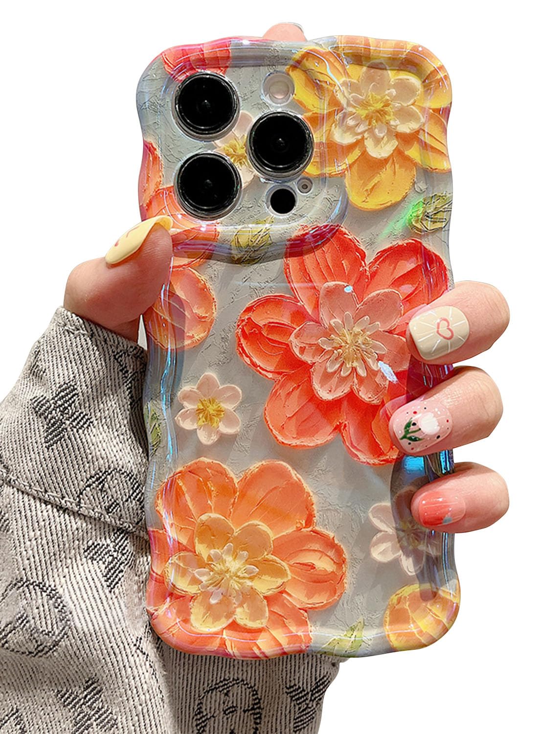 EYZUTAKCase for iPhone 13 Pro Max, Colorful Retro Oil Painting Flower Laser Glossy Cute Curly Wave Edge Case Stylish Durable Soft TPU Protective Phone Cover for Girl Women - Pink Flower/Green
