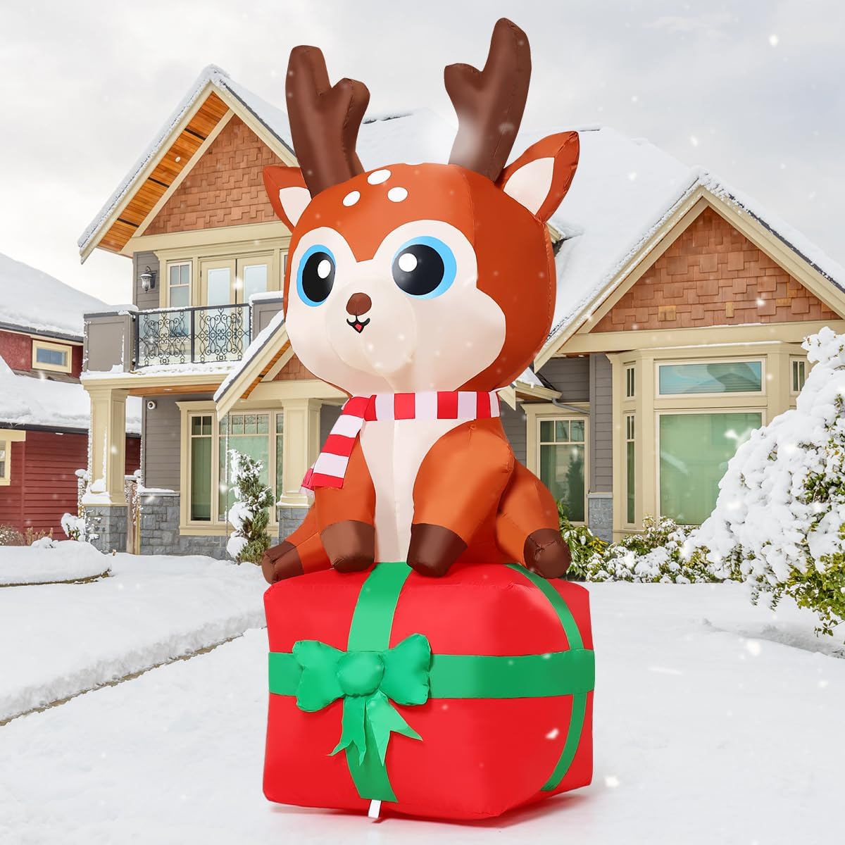 GOOSH 6 FT Christmas Inflatables Deer Outdoor Decorations Blow Up Yard Deer on a Box with Built-in LEDs for Party Indoor Garden Lawn Decor - Image 2