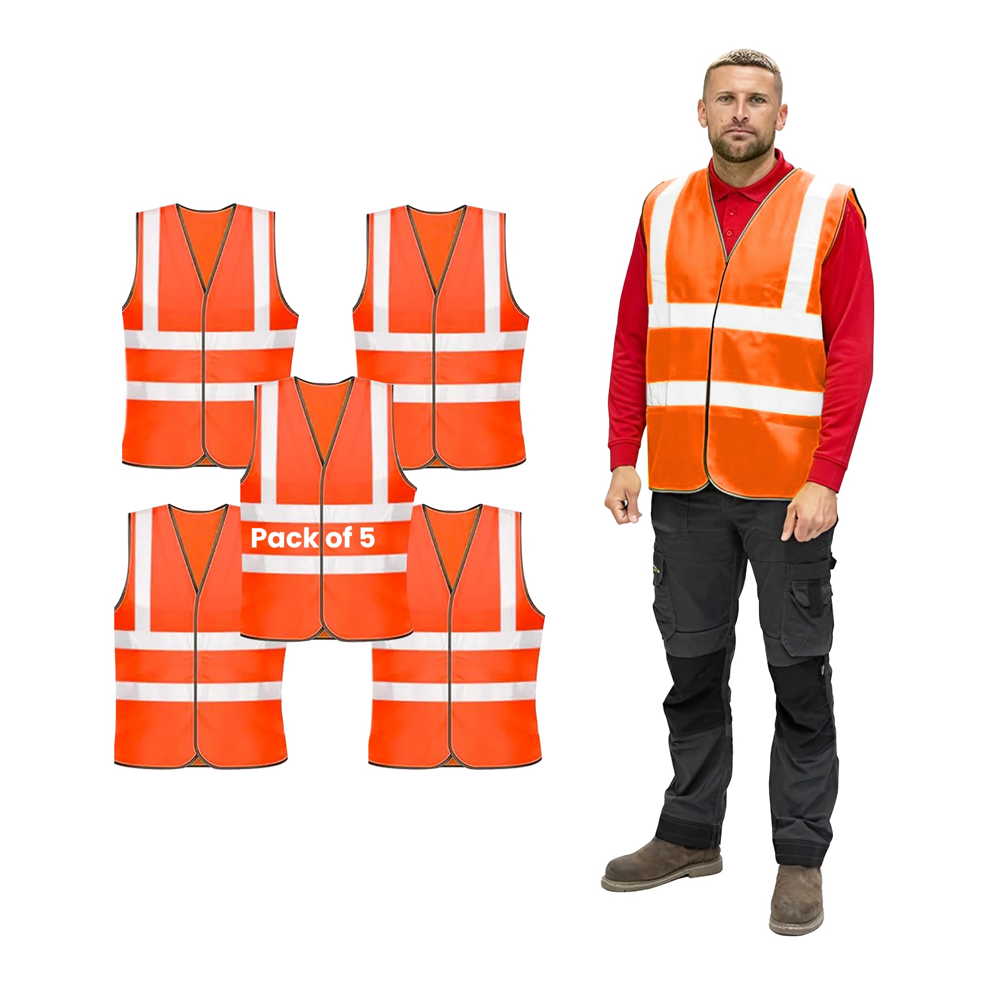 Vasego - 5 Pack of Plain Hi Visibility Reflective Safety Vest for Men & Women Fluorescent Waistcoat for Outdoor Running Walking Motor Bicycle Drivers -Class 2 (Plain Vest, Orange, L)