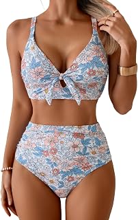 Eomenie Bikini Sets for Women Tummy Control Ruched Bathing Suit Tie Knot V Neck Two Piece Swimsuit Color Block Swimwear Price In India