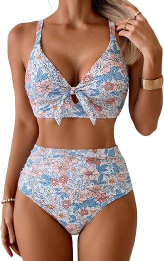 Eomenie Bikini Sets for Women Tummy Control Ruched Bathing Suit Tie Knot V Neck Two Piece Swimsuit Color Block Swimwear