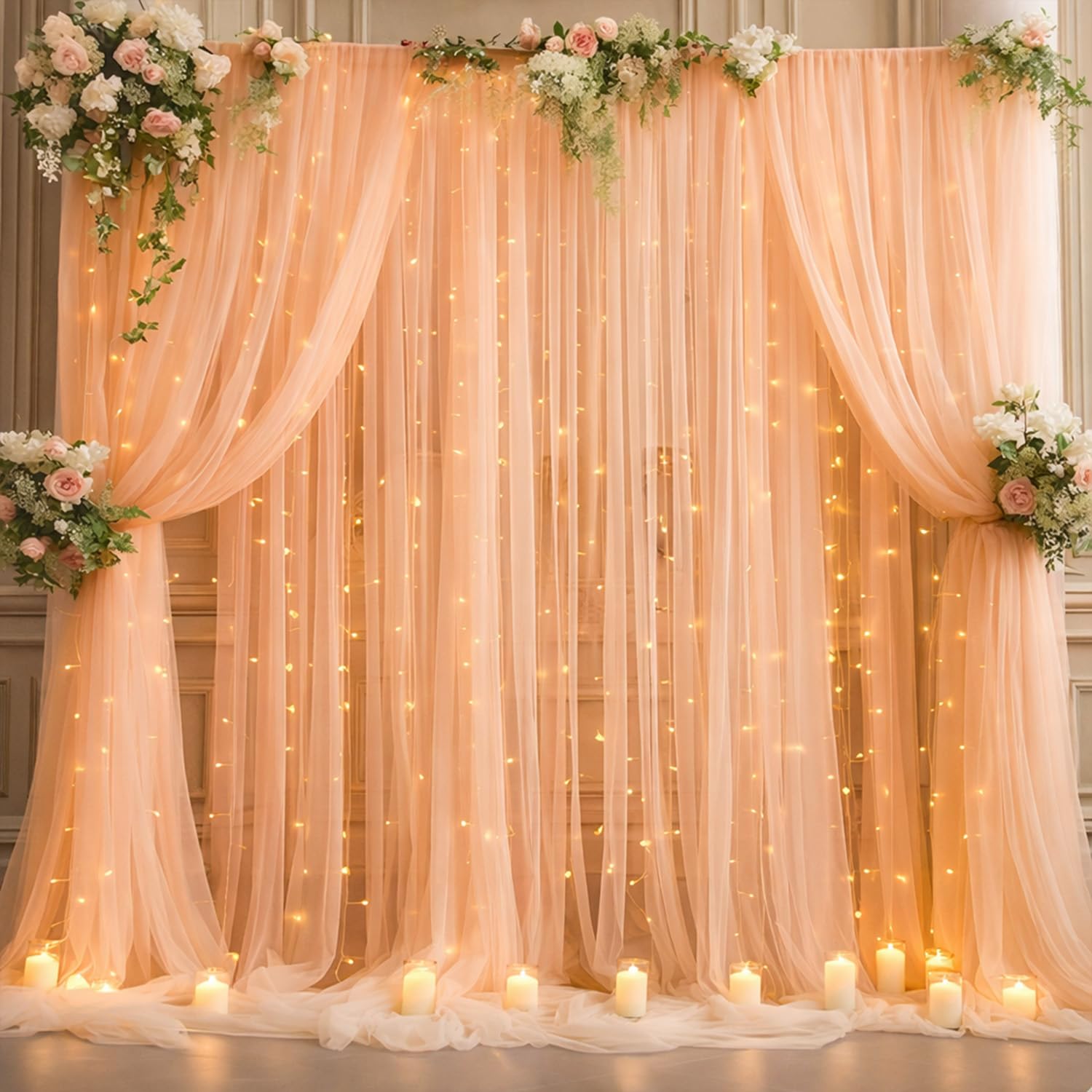 Party Propz Peach Net Curtain for Backdrop Decoration with Light - 5 Pcs Background Decoration Cloth, Birthday Backdrops for Decorations, Anniversary, Festival, Wedding Backdrop Decorations for Home-image-12
