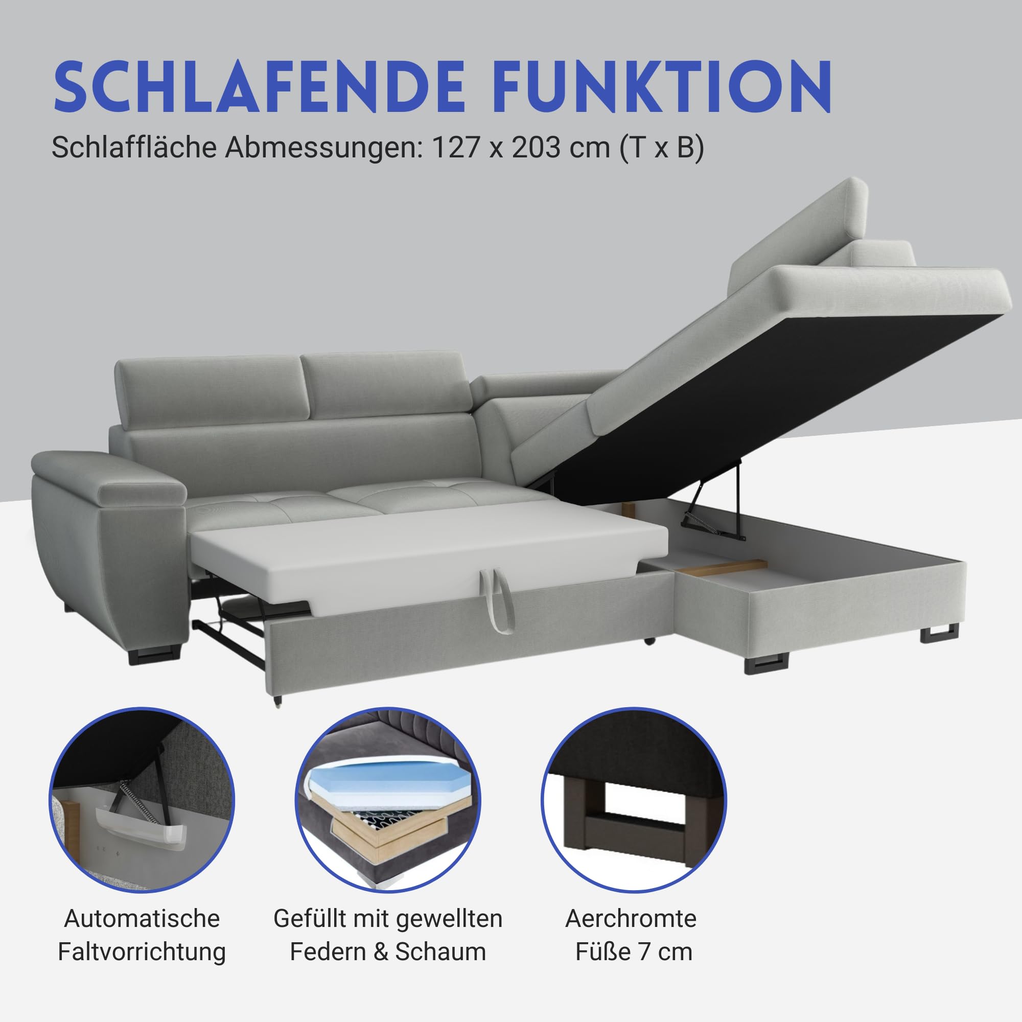Ecksofa mit Schlaffunktion und Bettkasten Nicole 270x202x96cm (BxTxH) I Sofa L Form mit Verstellbare Kopfstützen I Eckcouch mit Schlaffunktion I Federkern I Sofa Schwarz Rechts