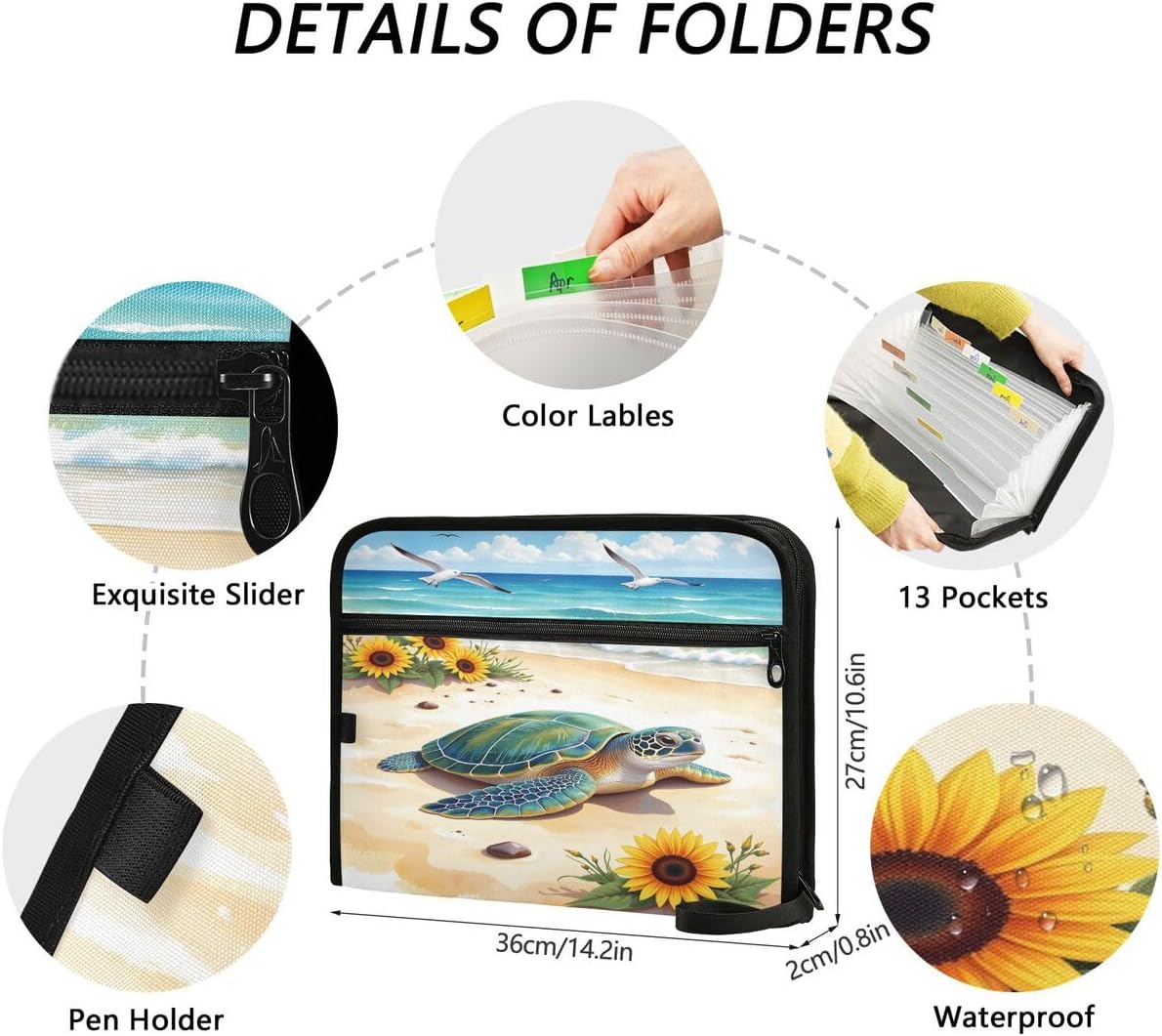 ALAZA Sea Turtle Sunflower Blossom Expandable Filing Folder Storage Organiser Box Files, 13 Pockets Zip Filing Folders for Home or Office Documents